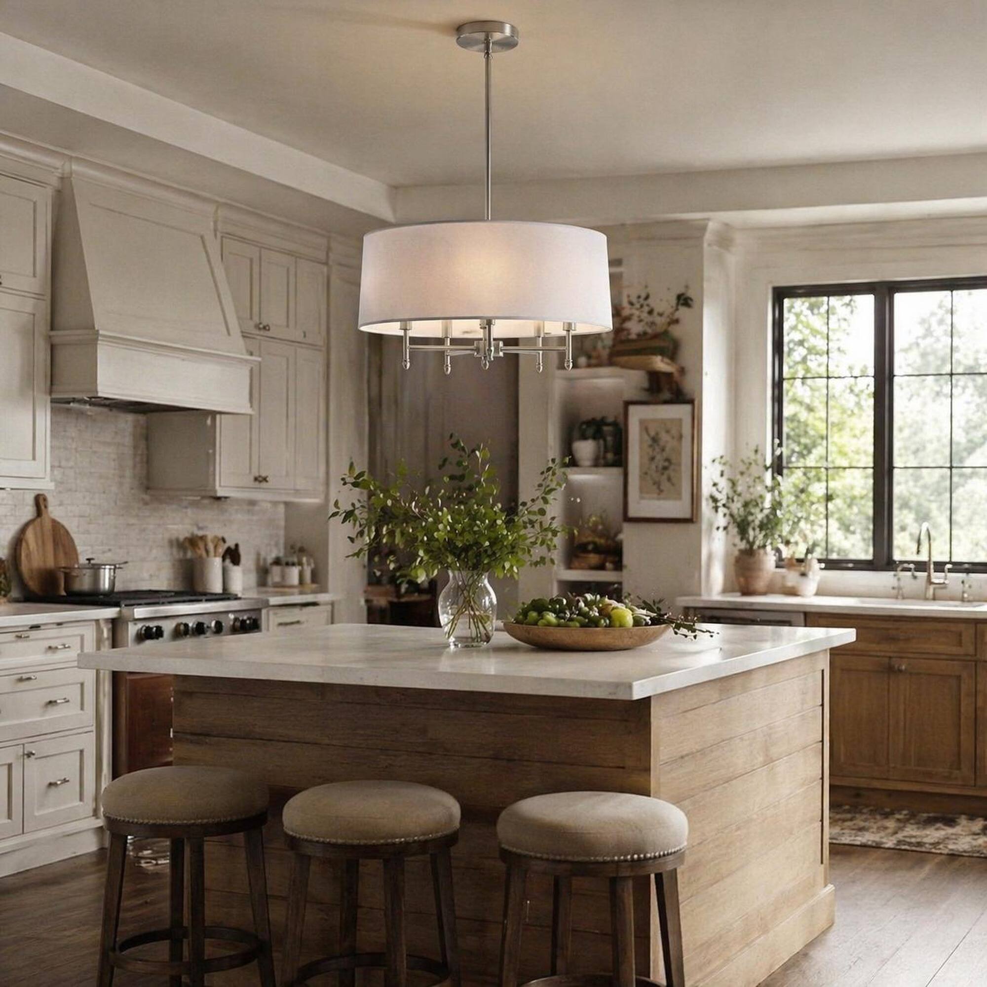 Back. RYHNUYNE - 5-Light Drum Pendant Light, Farmhouse Chandelier with White Linen Shade for Dining Room Kitchen Island - Silver.