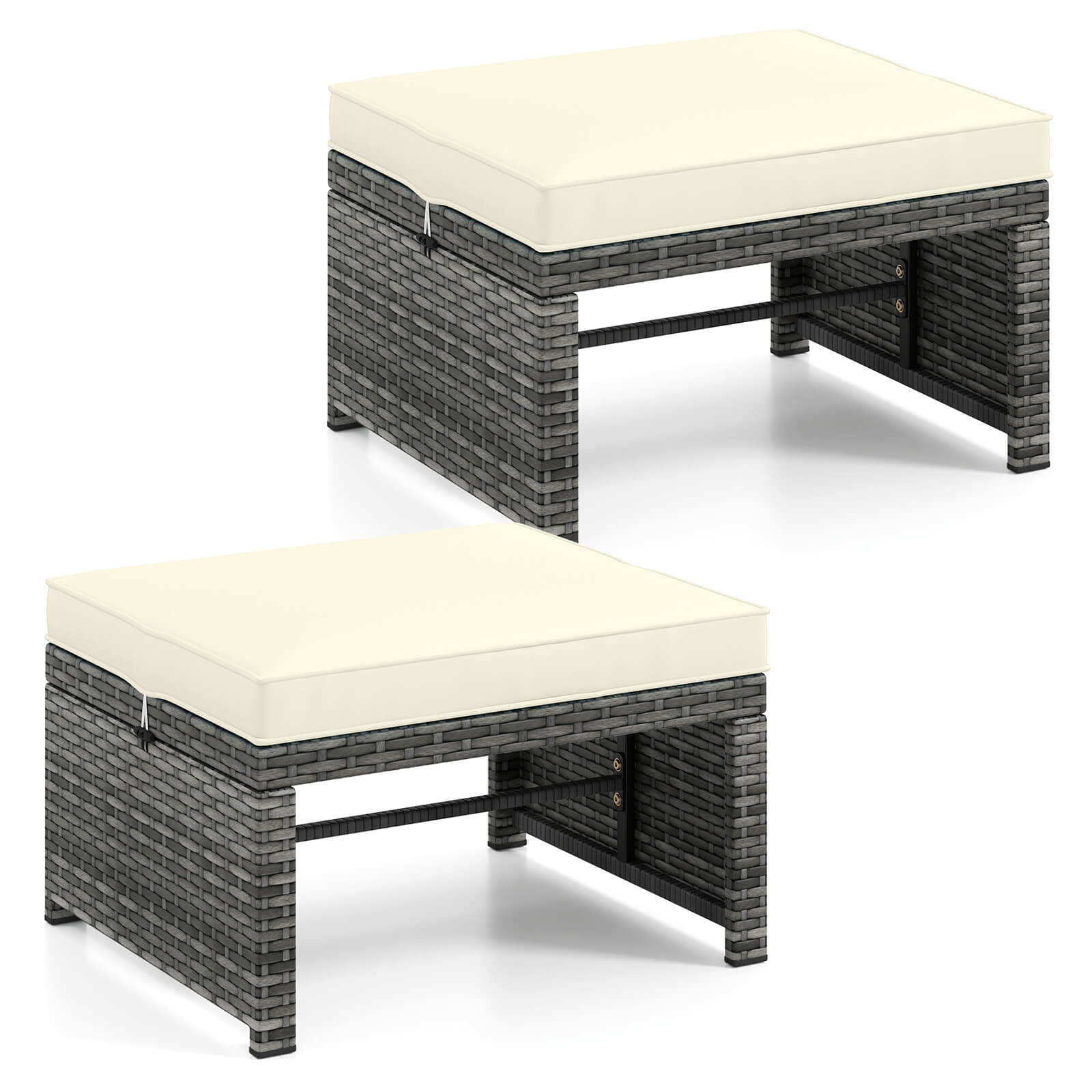 Costway - Patio Ottomans Set of 2 PE Rattan Footstools with Removable Cushions & Metal Frame - White