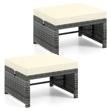 Front. Costway - Costway Patio Ottomans Set of 2 PE Rattan Footstools with Removable Cushions & Metal Frame White - White.