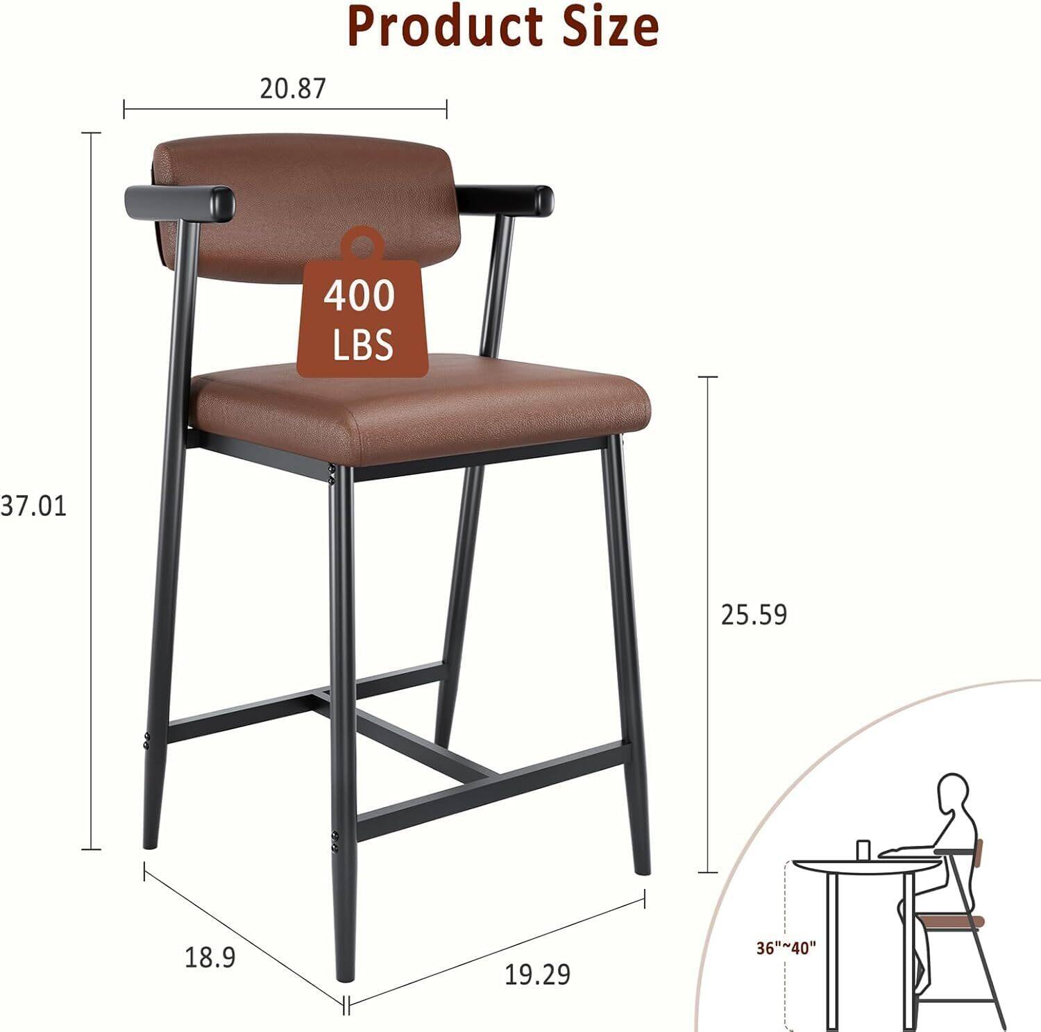 Product Size

- Height: 37.01 inches
- Width: 20.87 inches
- Depth: 25.59 inches
- Seat Height: 19.29 inches
- Base Width: 18.9 inches
- Weight Capacity: 400 LBS
- Recommended Table Height: 36" - 40"