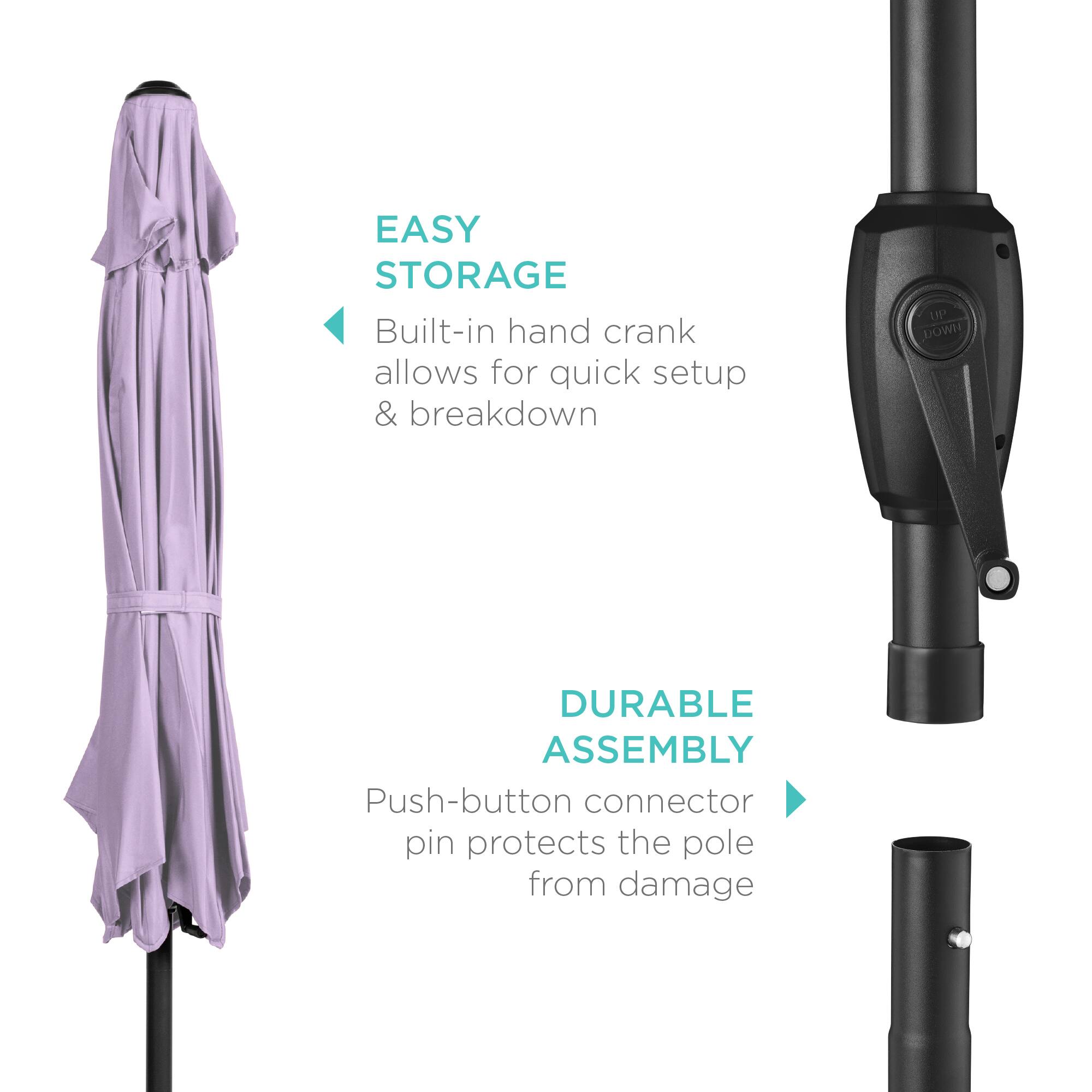 EASY STORAGE  
Built-in hand crank allows for quick setup & breakdown  

DURABLE ASSEMBLY  
Push-button connector pin protects the pole from damage
