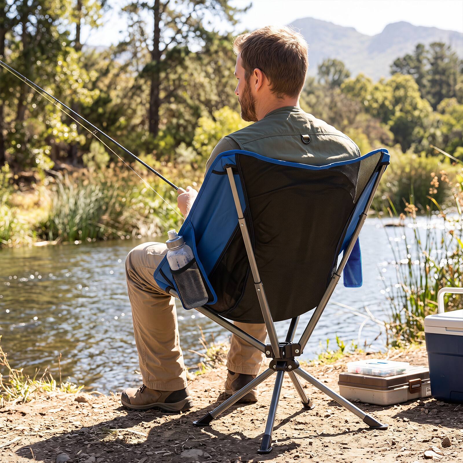 Alt View 3. Costway - Costway 360° Swivel Camping Chair, Lightweight Portable Folding Chair with Cup Holder - Blue.
