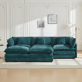 KERDOM - Modular Sleeper Sofa Bed Chaise Longue Anti-Cat Scratch Chenille Cloth, 3 Seat Convertible Sectional L Shaped Sofa Couch - Green + 2 Ottomans