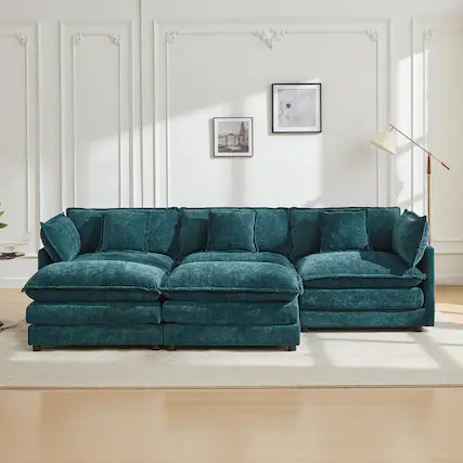Front. KERDOM - Modular Sleeper Sofa Bed Chaise Longue Anti-Cat Scratch Chenille Cloth, 3 Seat Convertible Sectional L Shaped Sofa Couch - Green + 2 Ottomans.