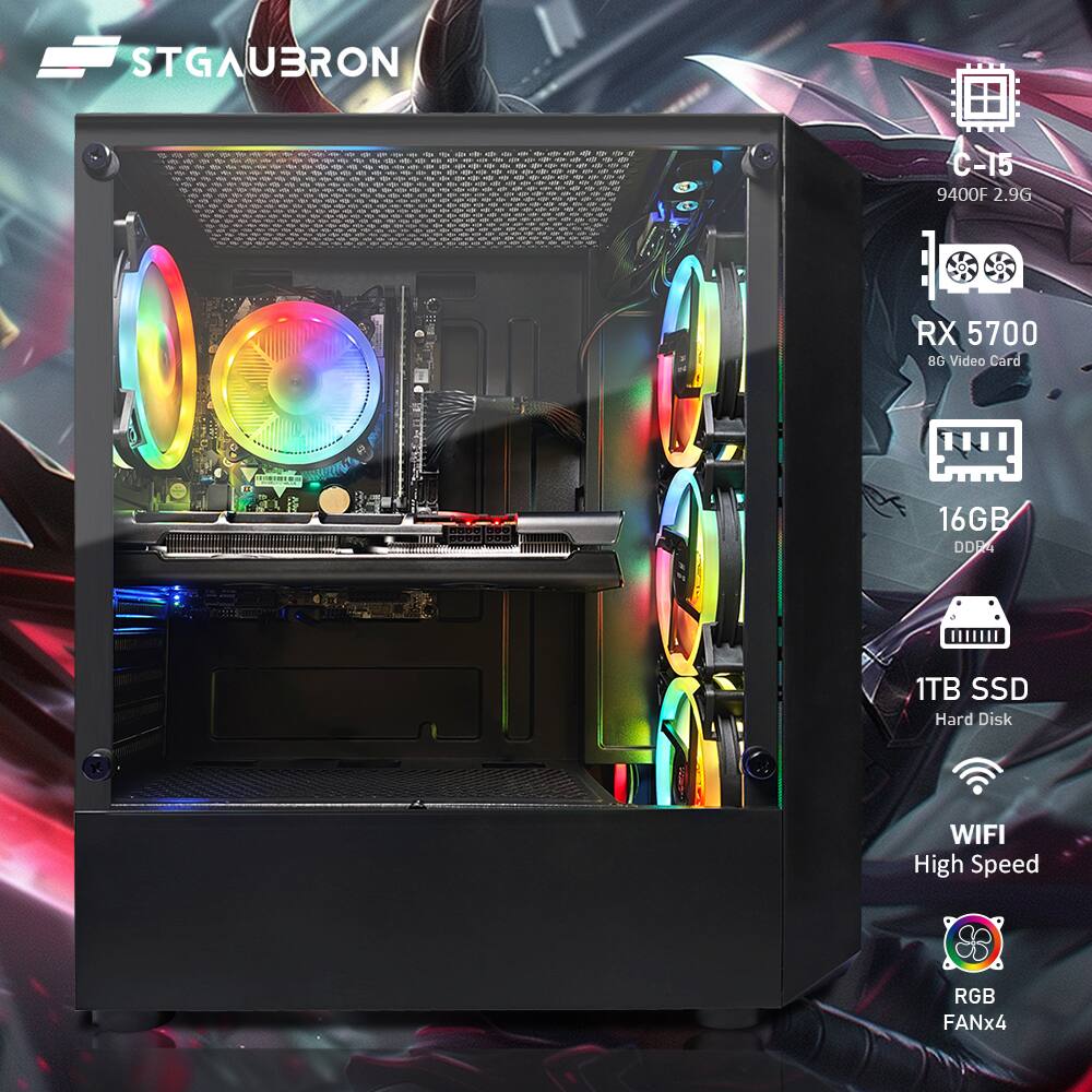 STGAUBRON C-15  
9400F 2.9G  
RX 5700 8G Video Card  
16GB DDR4  
1TB SSD Hard Disk  
WIFI High Speed  
RGB FANx4