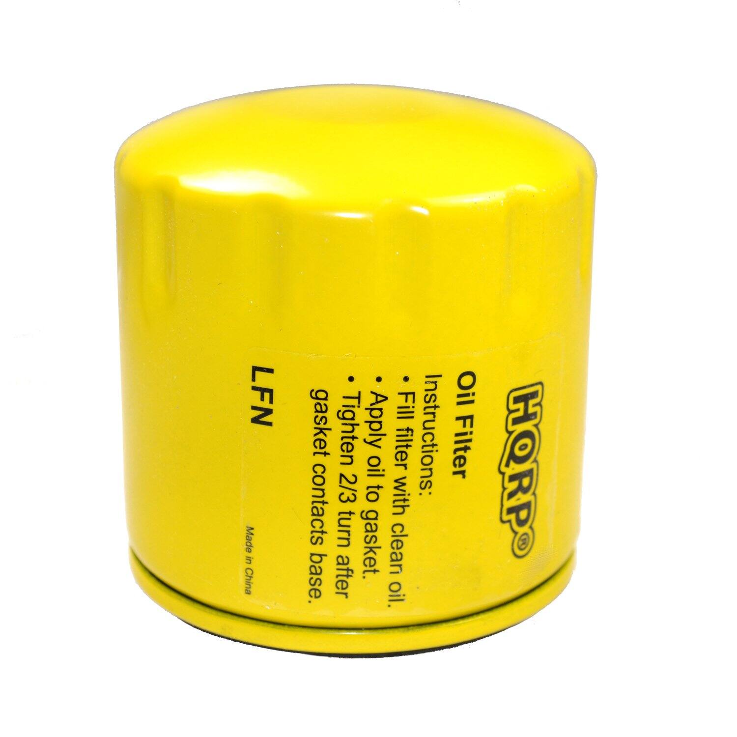 LFN  
Made in China  

Oil Filter  
HORP®  

Instructions:  
- Fill filter with clean oil.  
- Apply oil to gasket.  
- Tighten 2/3 gasket contacts after gasket contacts base.  
- gasket contacts base.