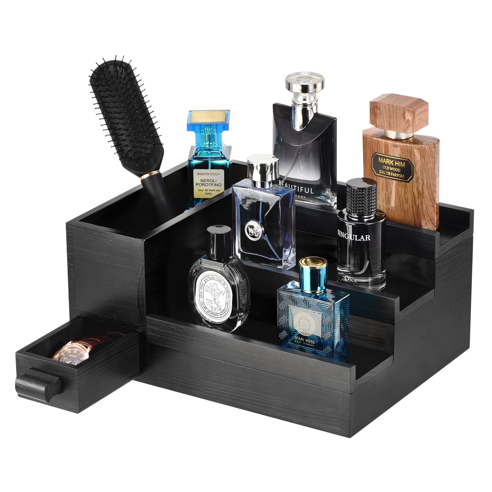 Unique Bargains - 3 Tier Perfume Stand Organizer for Men, Display Shelf with Velvet Lining Drawer and Hidden Compartment - Black