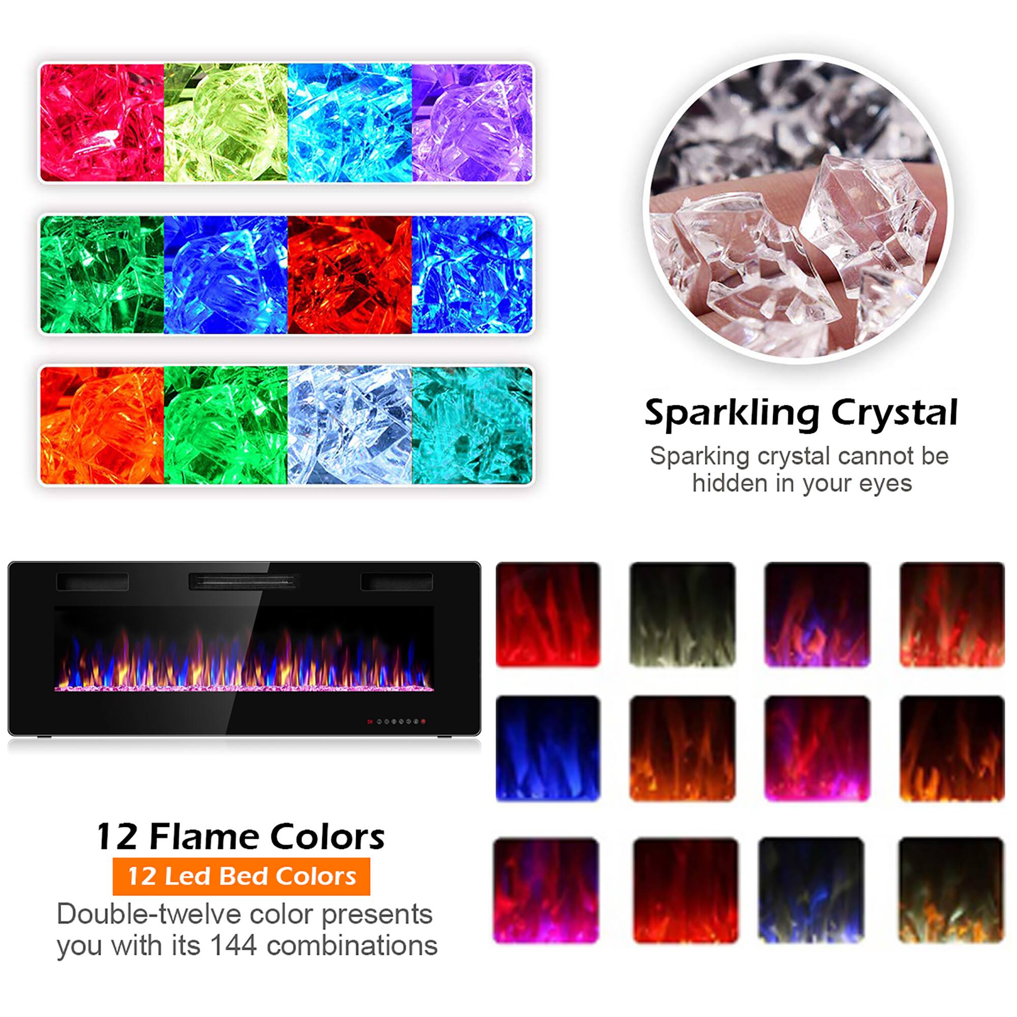 Sparkling Crystal  
Sparkling crystal cannot be hidden in your eyes

12 Flame Colors  
12 Led Bed Colors  
Double-twelve color presents you with its 144 combinations