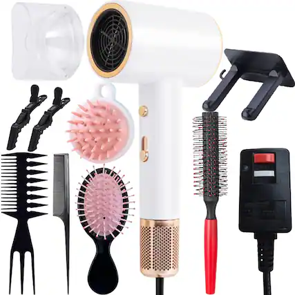 Front. Morfone - 10pcs hammer style hair dryer,adjustable hot and cold air. A hair set with comb hair clips and a fan-shaped nozzle..