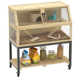Pawhut - Hamster Cage with Storage Shelf, Wooden Rat Cage, Small Aniaml Cage with Seesaws, Water Bottle, Hut, Ramps
