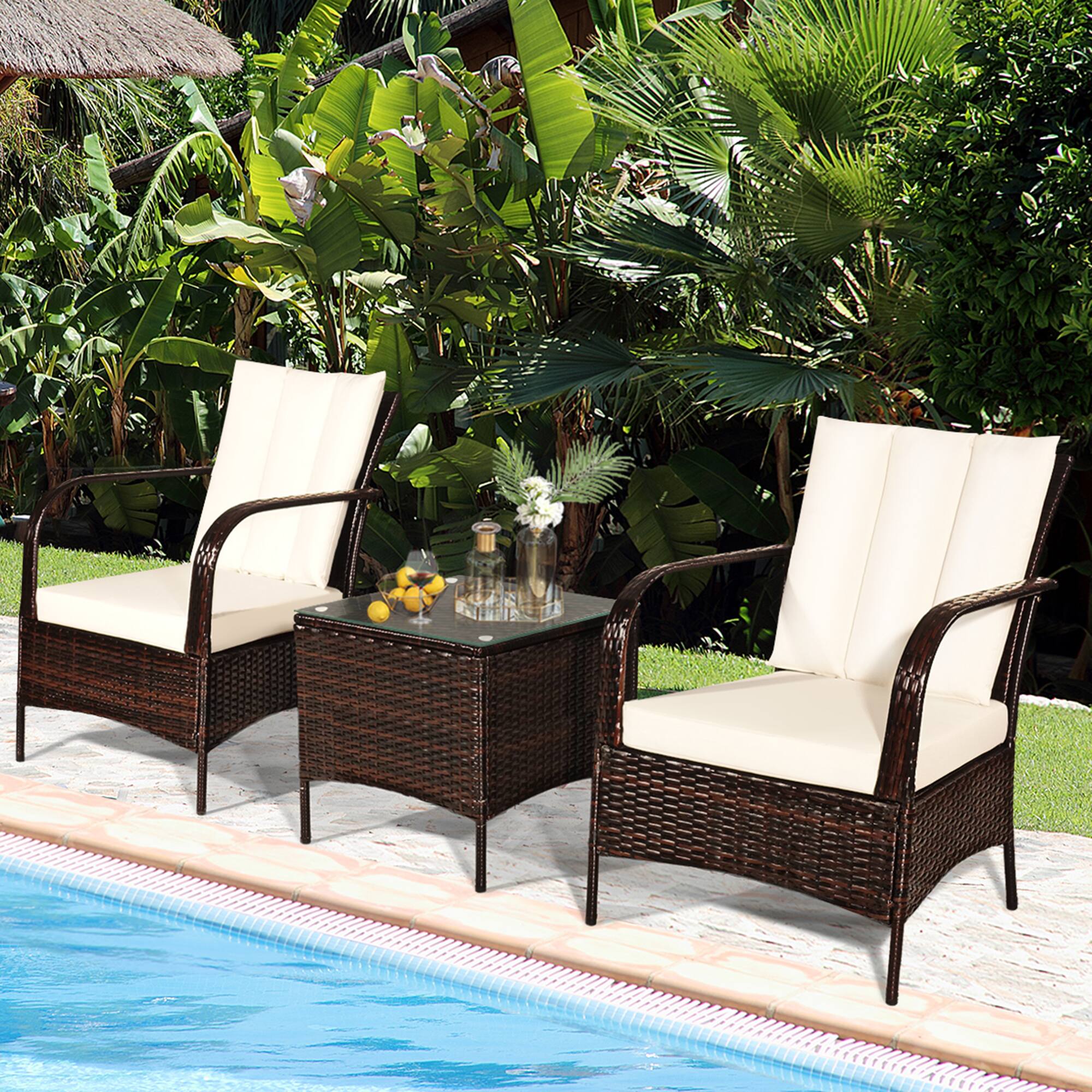 Alt View 2. Gymax - Gymax 3PCS Patio Outdoor Rattan Conversation Set Furniture Set w/ Table Cushions - White.