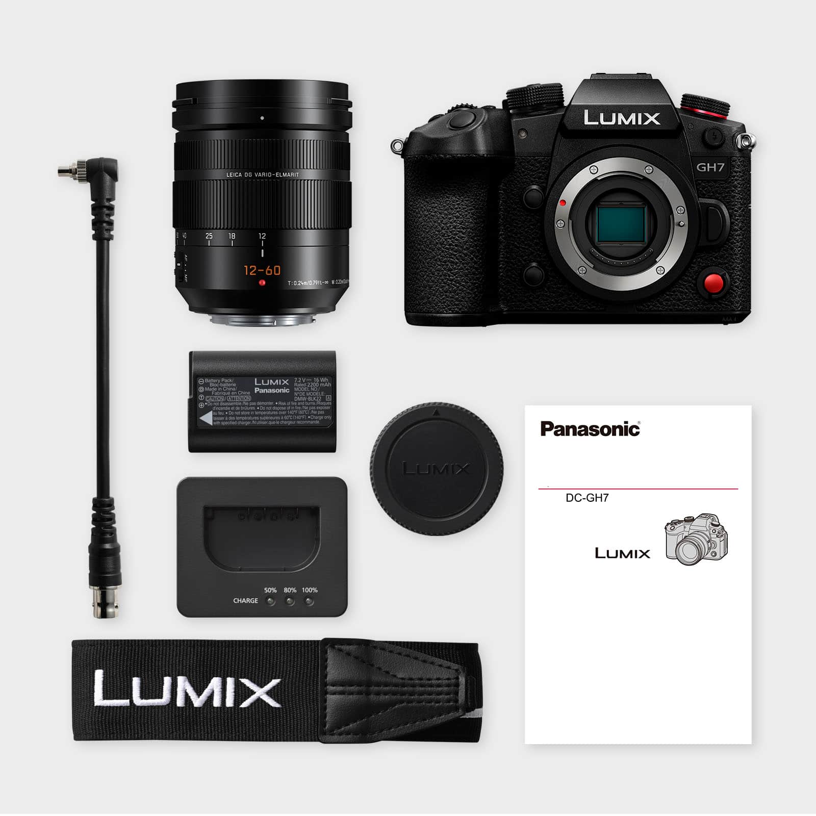 The image features a collection of Panasonic LUMIX products, including a camera, lens, and accessories. The camera is positioned in the top left corner, while the lens is placed in the middle of the image. The accessories are scattered around the camera and lens, with some located in the bottom left corner and others in the bottom right corner. The image showcases the various components of the LUMIX camera system, highlighting the versatility and functionality of the products.