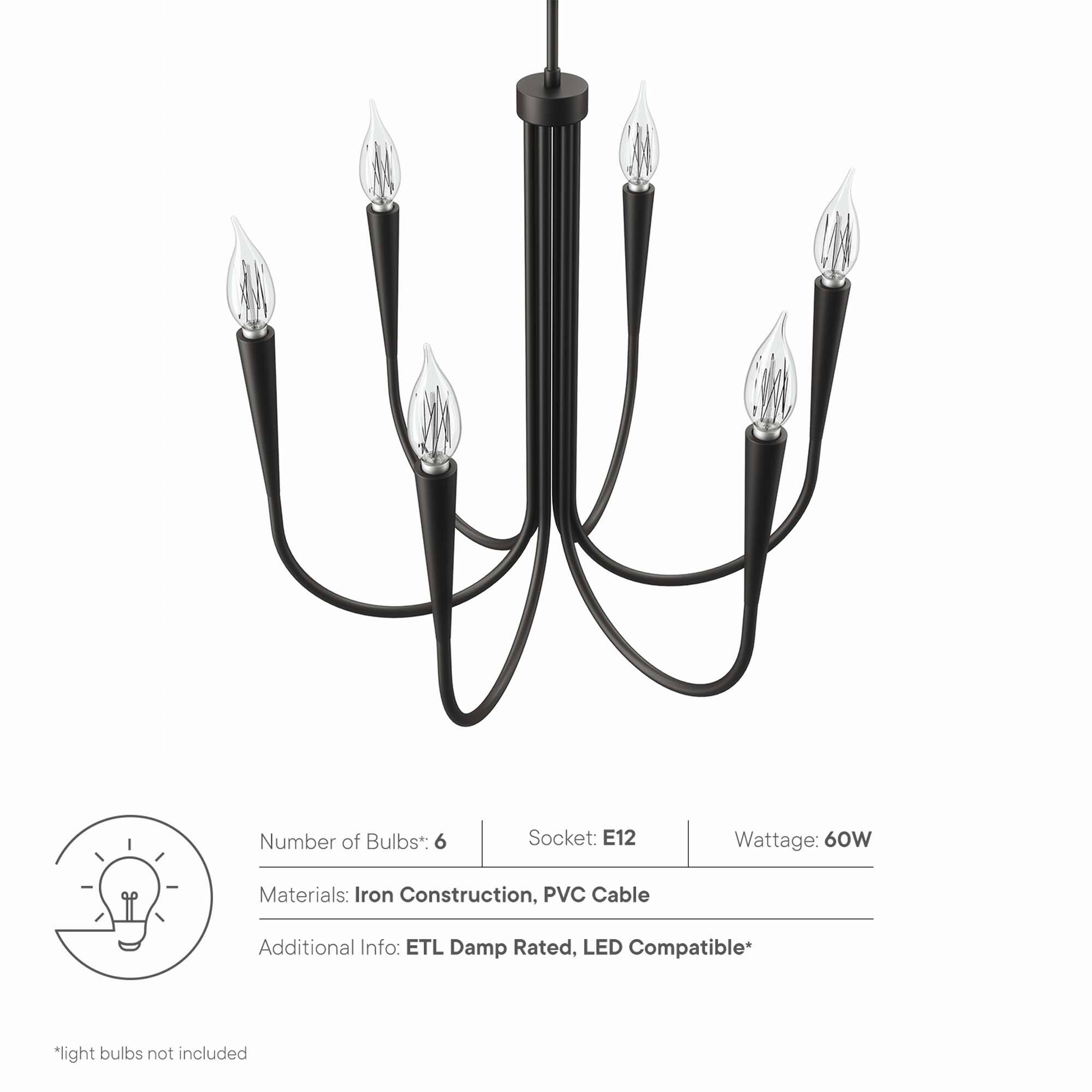 Number of Bulbs*: 6  
Socket: E12  
Wattage: 60W  
Materials: Iron Construction, PVC Cable  
Additional Info: ETL Damp Rated, LED Compatible*  

*light bulbs not included