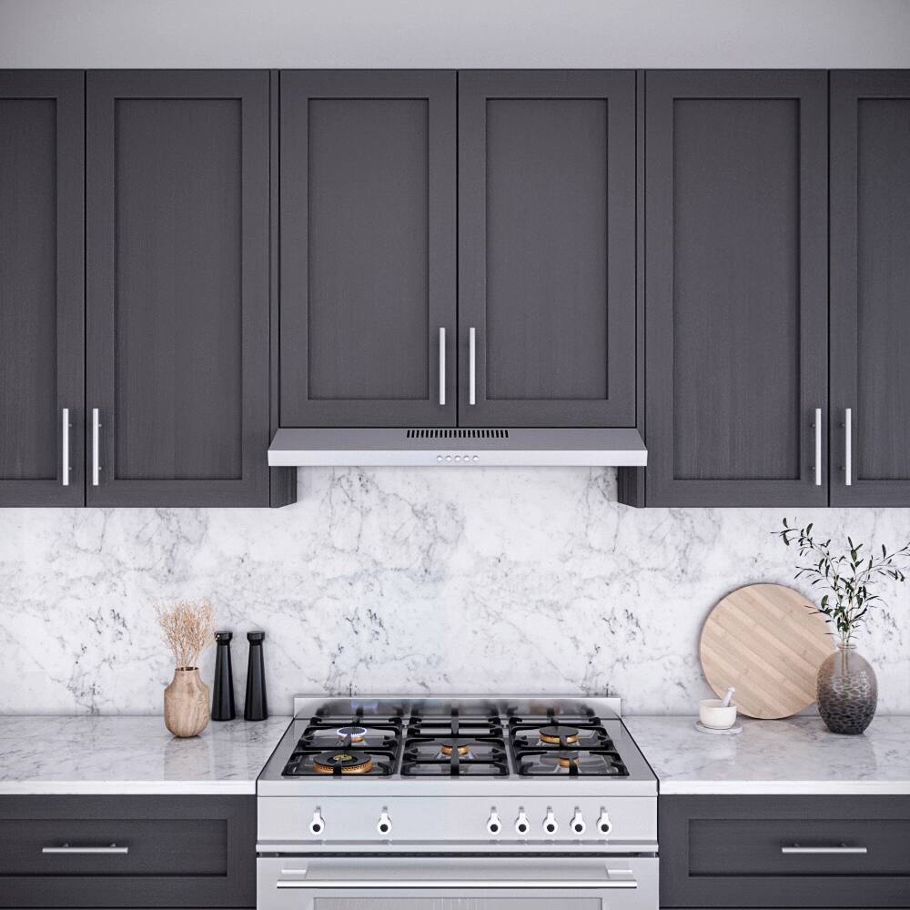 Left. Streamline - 36 in. Longhena Convertible Undermount 80 CFM Range Hood, Mesh Filters, Push Button Control, LED Light - Brushed Stainless Steel.