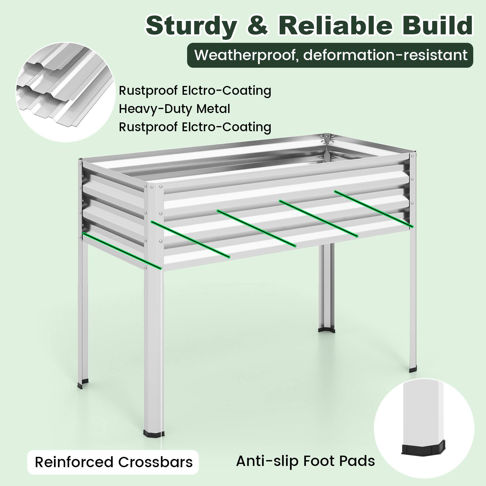 Sturdy & Reliable Build  
Weatherproof, deformation-resistant  

- Rustproof Electro-Coating  
- Heavy-Duty Metal  
- Rustproof Electro-Coating  

Reinforced Crossbars  
Anti-slip Foot Pads