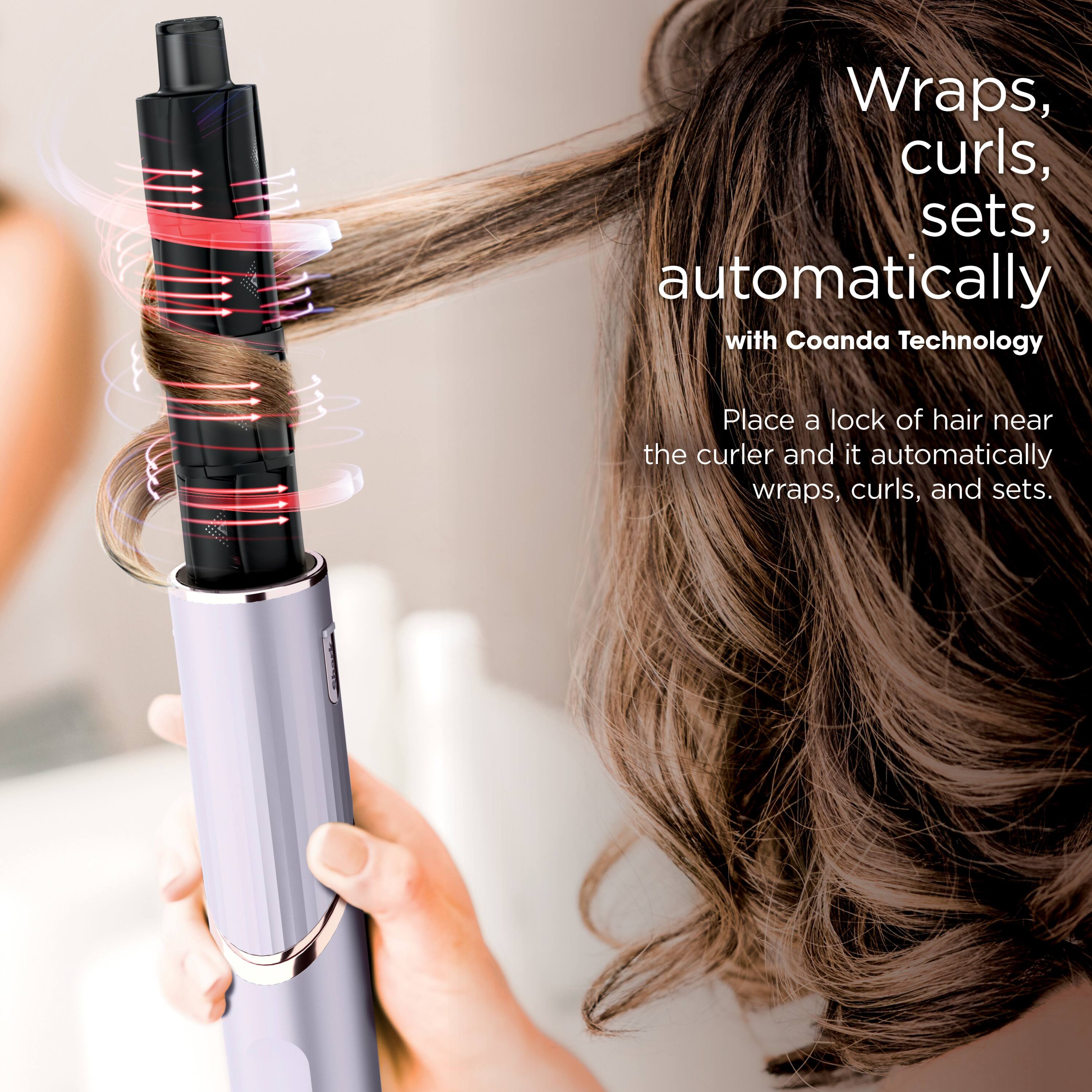 Wraps, curls, sets, automatically with Coanda Technology. Place a lock of hair near the curler and it automatically wraps, curls, and sets.