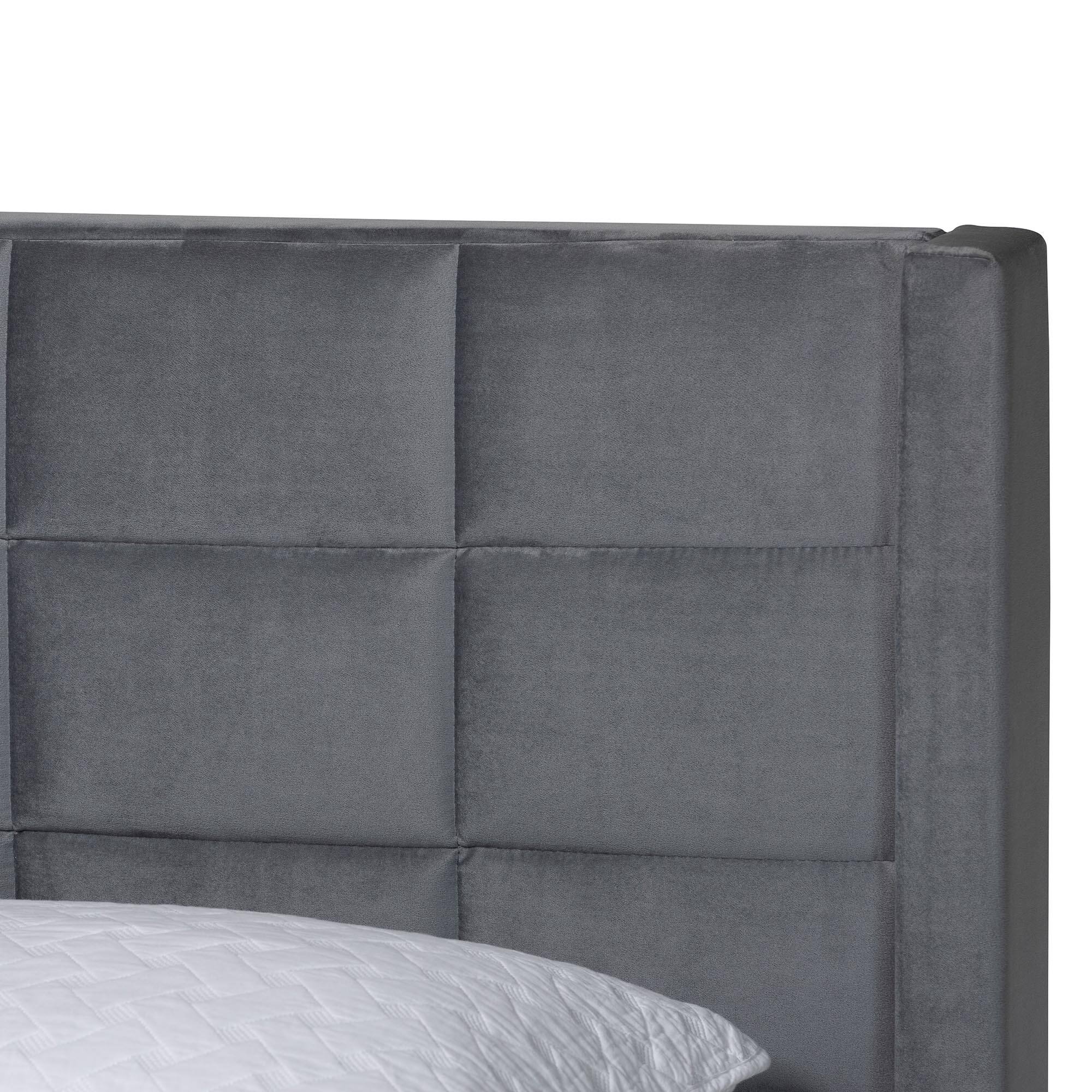 Back. Baxton Studio - Payne Modern Glam Velvet and Dark Brown Wood Queen Bed - Grey/Black.