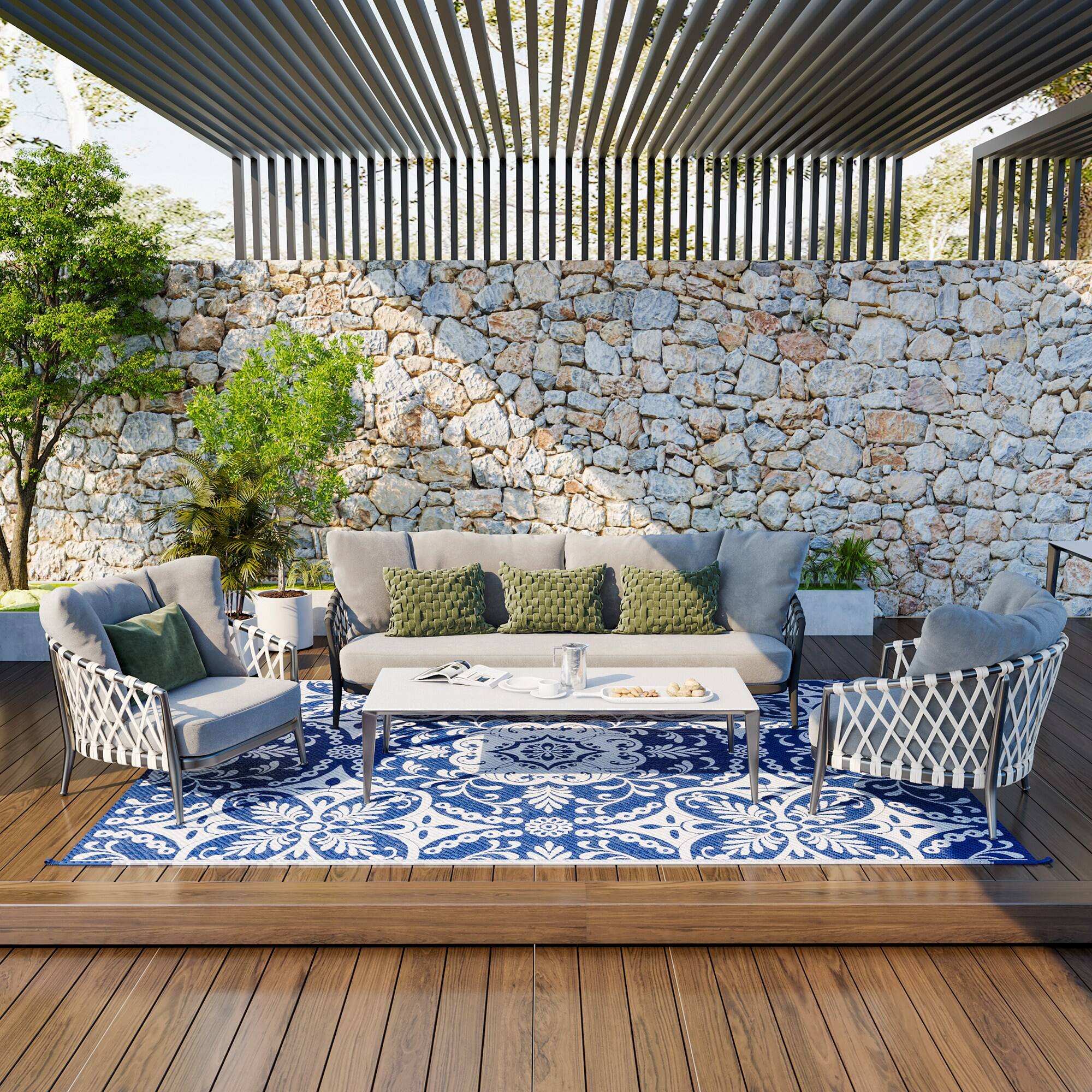 Alt View 1. Outsunny - Outdoor Rug for Patio, 9' x 12' Waterproof Large Mat, Reversible Plastic Straw Rug for Decor - Blue and White Floral.