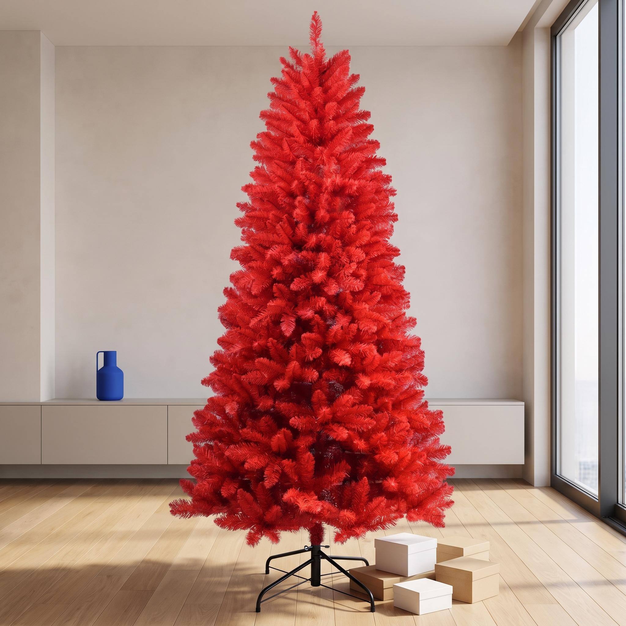 Angle. Forest'nSky - 5 ft. Red PVC Artificial Christmas Tree with 624 Tips and Metal Stand - Red.