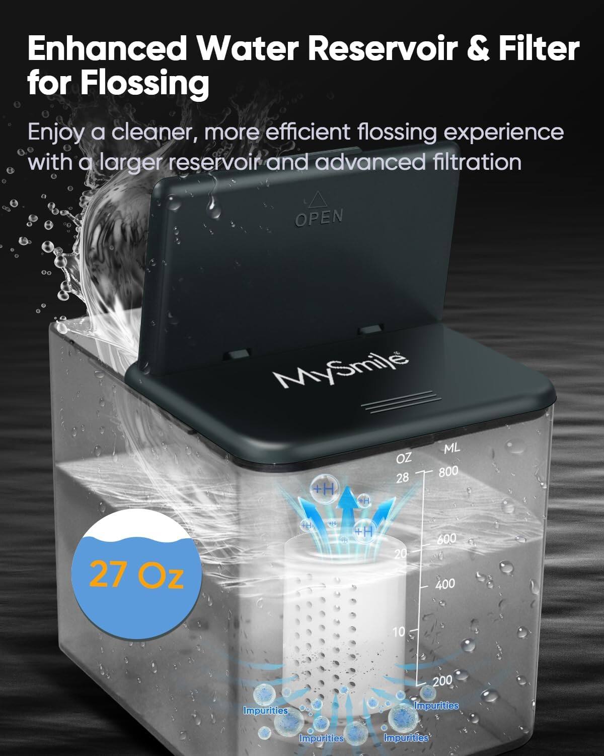 Enhanced Water Reservoir & Filter for Flossing
Enjoy a cleaner, more efficient flossing experience with a larger reservoir and advanced filtration
OPEN MySmile
+H
OZ 28
ML 800
27 Oz
4H 20 600 400 10 200
Impurities Impurities Impurities Impurities