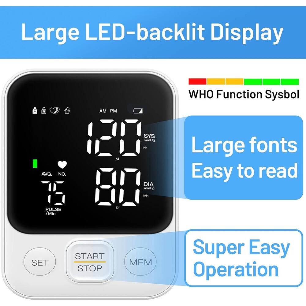 Large LED-backlit Display  
WHO Function Symbol  
Large fonts Easy to read  
Super Easy Operation  

- SYS mmHg  
- DIA mmHg  
- AVG. NO.  
- PULSE /Min  
- AM PM  
- SET START STOP MEM