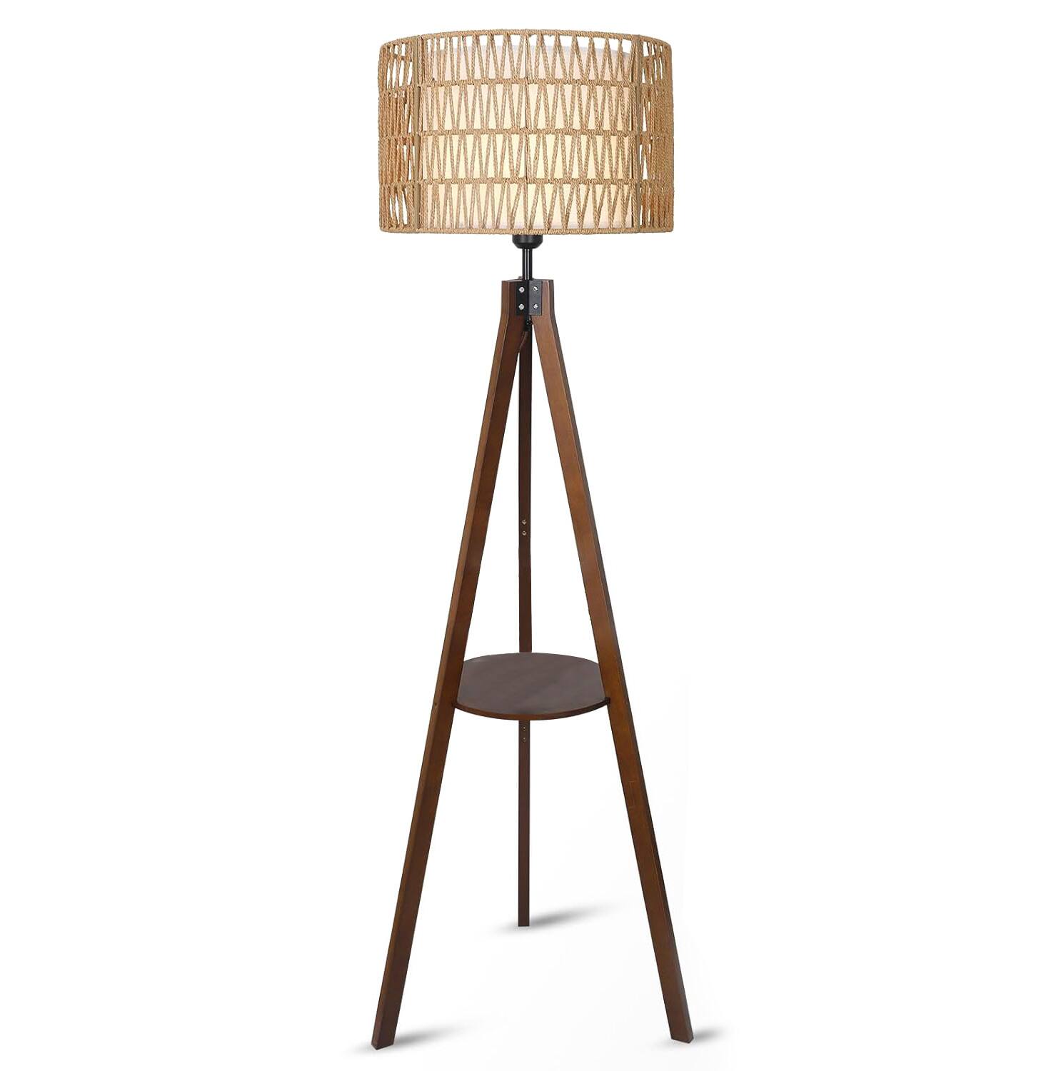 Malletson - 59'' Tall Boho Tripod Floor Lamp with Shelves, Mid-Century Modern Wood Standing Lamp with Rattan Shades for Home - Brown
