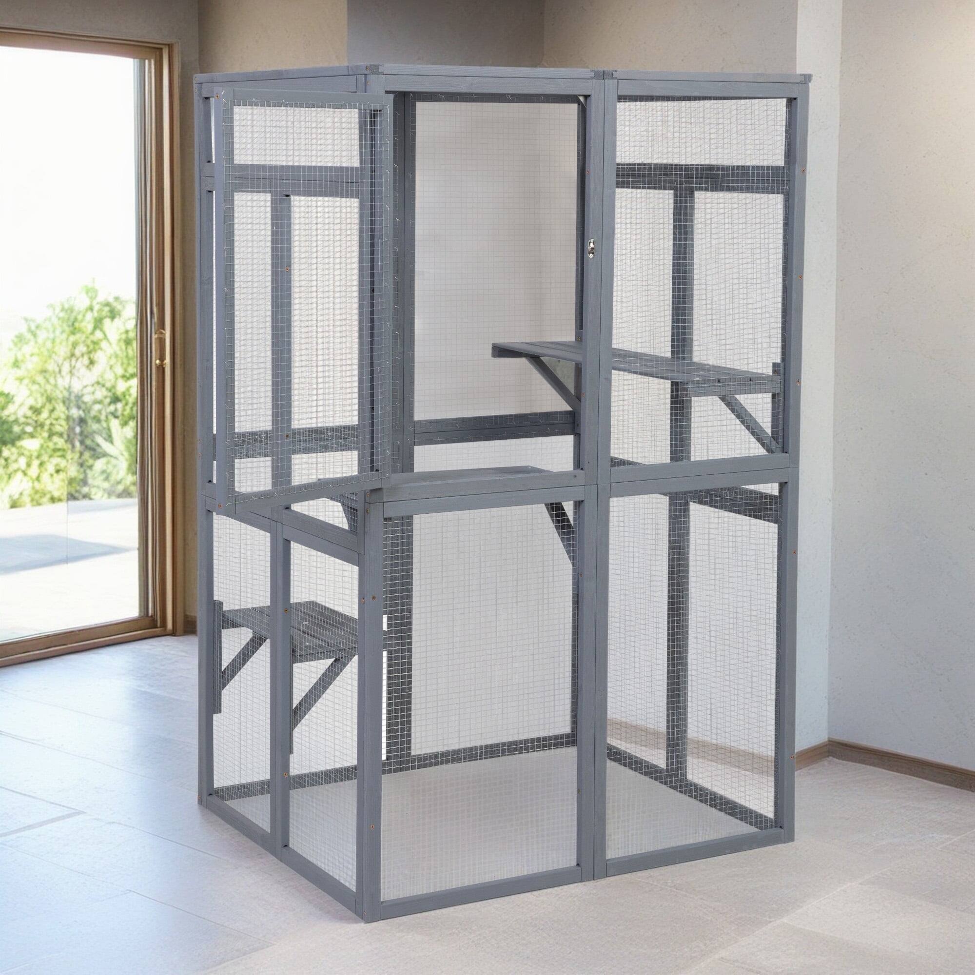 Alt View 2. Pefilos - 64" Cat House Outdoor Catio Cat Enclosures Wooden Kitty House with Platforms, Waterproof Roof, Hammock.