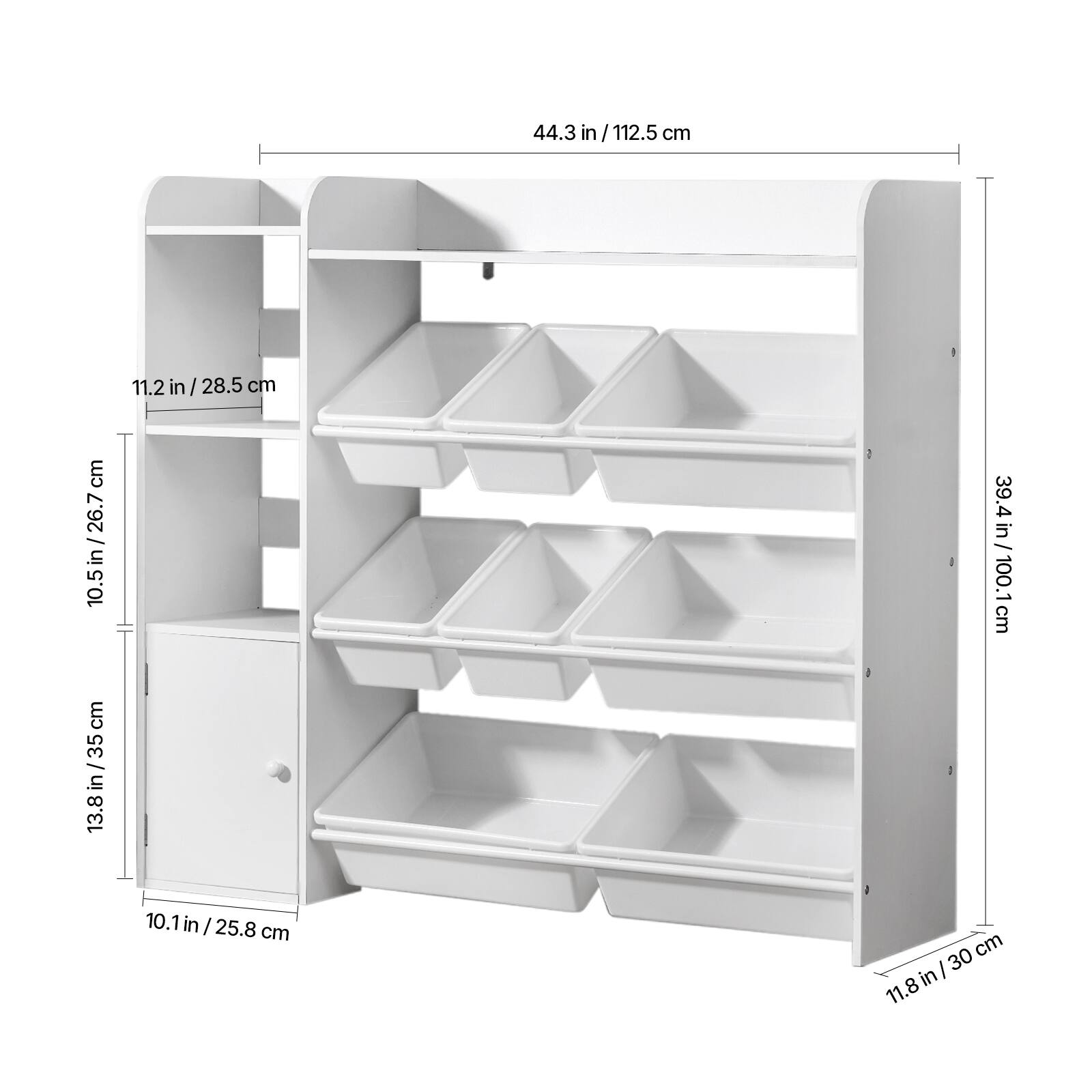 Here is the corrected and grouped text:

- 44.3 in / 112.5 cm
- 10.5 in / 26.7 cm
- 35 in / 88.9 cm
- 11.2 in / 28.5 cm
- 39.4 in / 100.1 cm
- 10.1 in / 25.8 cm
- 30 in / 76.2 cm

Additional measurements from the image:
- 11.2 in / 28.5 cm
- 13.5 in / 34.3 cm
- 10.1 in / 25.8 cm
- 11.8 in / 30 cm