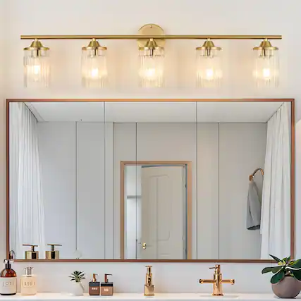 Front. Earthley Blooms - Bathroom Light Fixtures Vanity Lights Modern Wall Sconce With Clear Glass Shade Brushed Brass Fixture Over - Clear 5 Light.