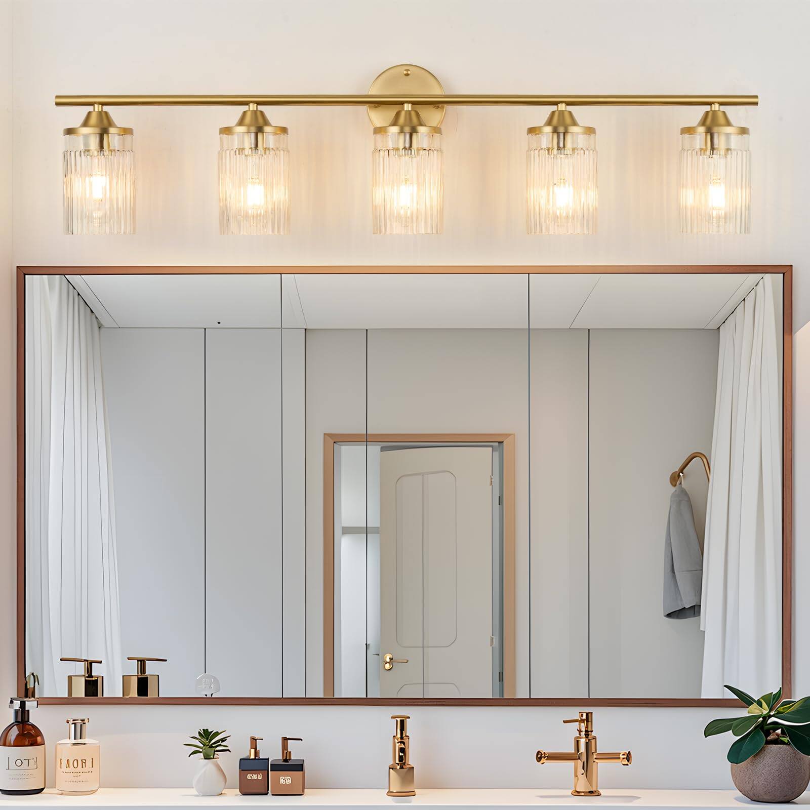 Front. Earthley Blooms - Bathroom Light Fixtures Vanity Lights Modern Wall Sconce With Clear Glass Shade Brushed Brass Fixture Over - Clear 5 Light.