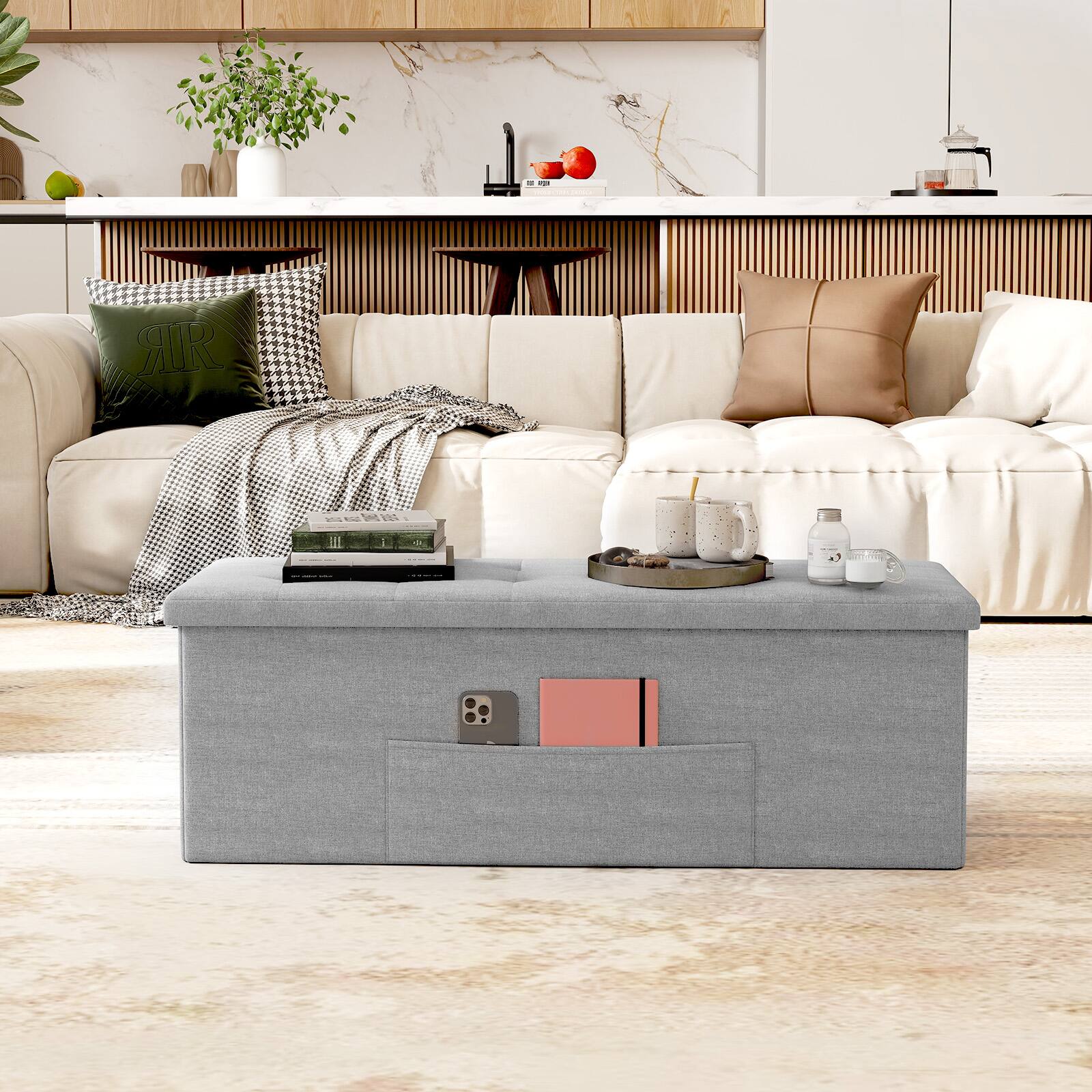 Alt View 1. Gymax - Gymax 43'' Folding Storage Ottoman Bench w/ Removable Divider & Side Pocket Bedroom Light Grey - Beige.