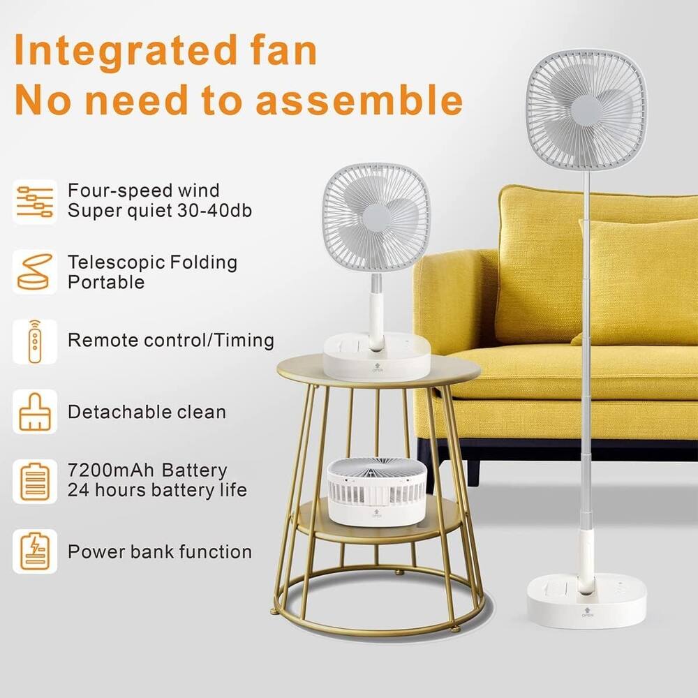 Integrated fan  
No need to assemble  

Four-speed wind  
Super quiet 30-40db  

Telescopic Folding  
Portable  

Remote control/Timing  
Detachable clean  

7200mAh Battery  
24 hours battery life  

Power bank function