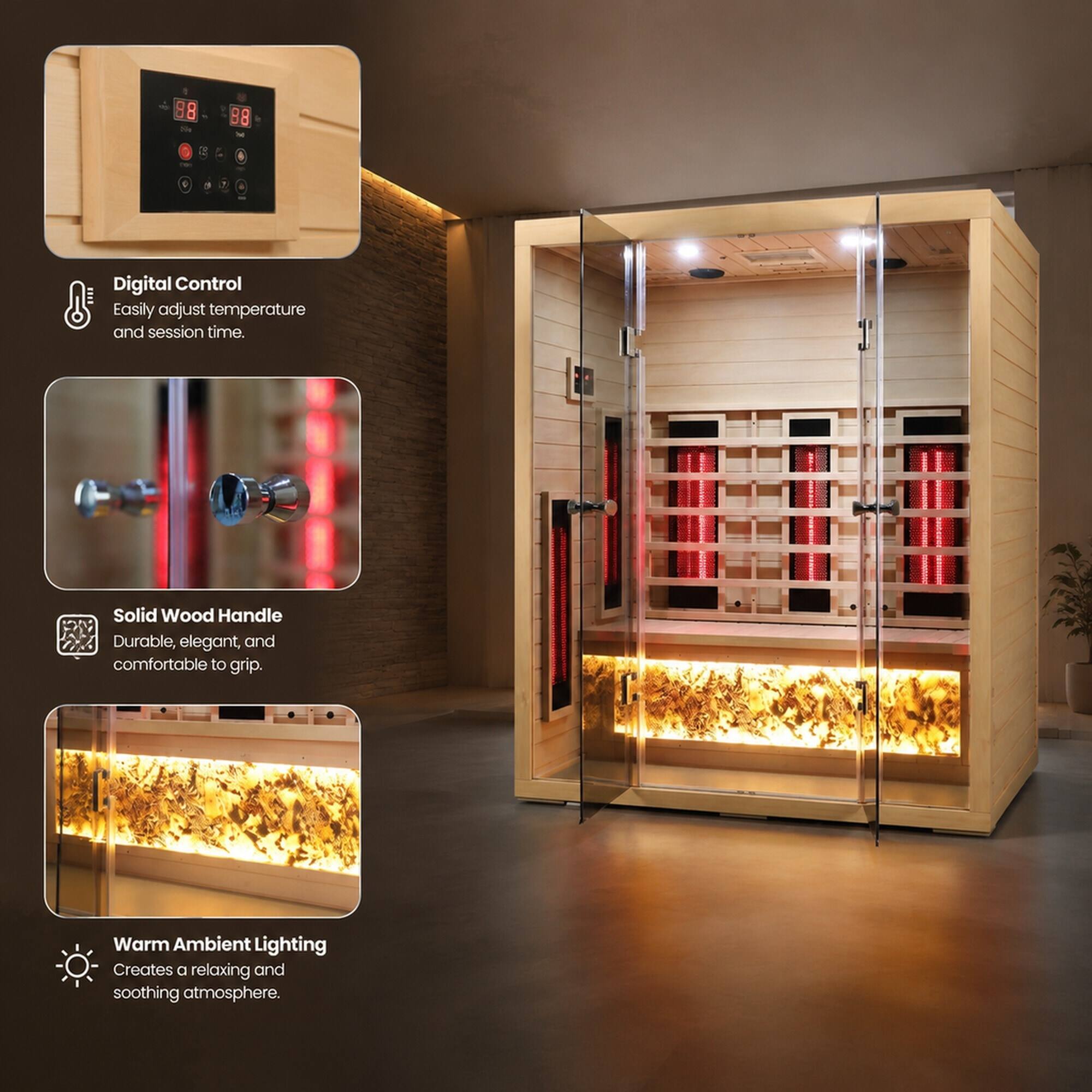 Digital Control
Easily adjust temperature and session time.

Solid Wood Handle
Durable, elegant, and comfortable to grip.

Warm Ambient Lighting
Creates a relaxing and soothing atmosphere.