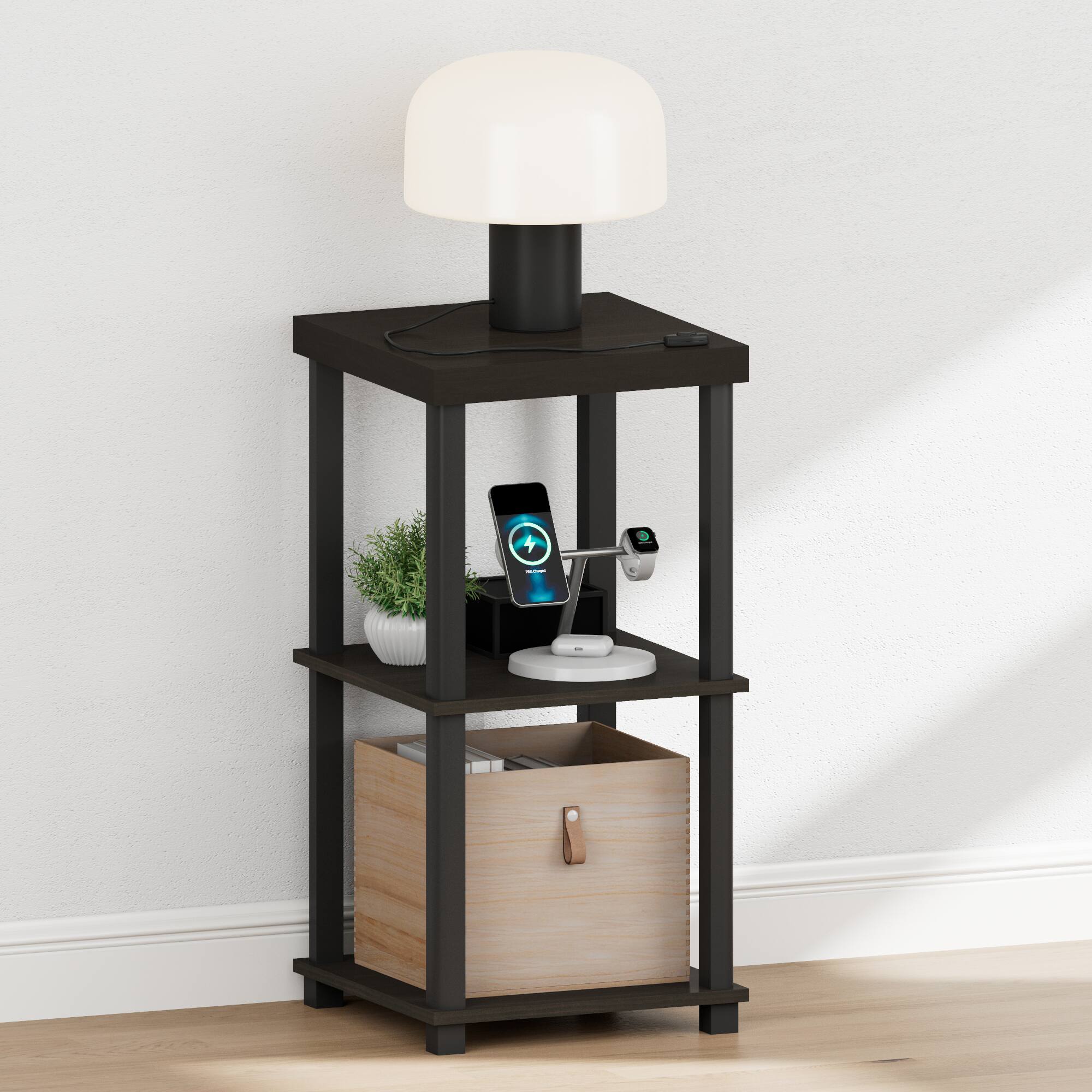 Alt View 1. Furinno - TURN-N-TUBE Night Stand, 3-Tier Thick Tabletop Nightstand with Open Shelf, Toolless Assembly Side Table, Bedside Table - Espresso/Black.