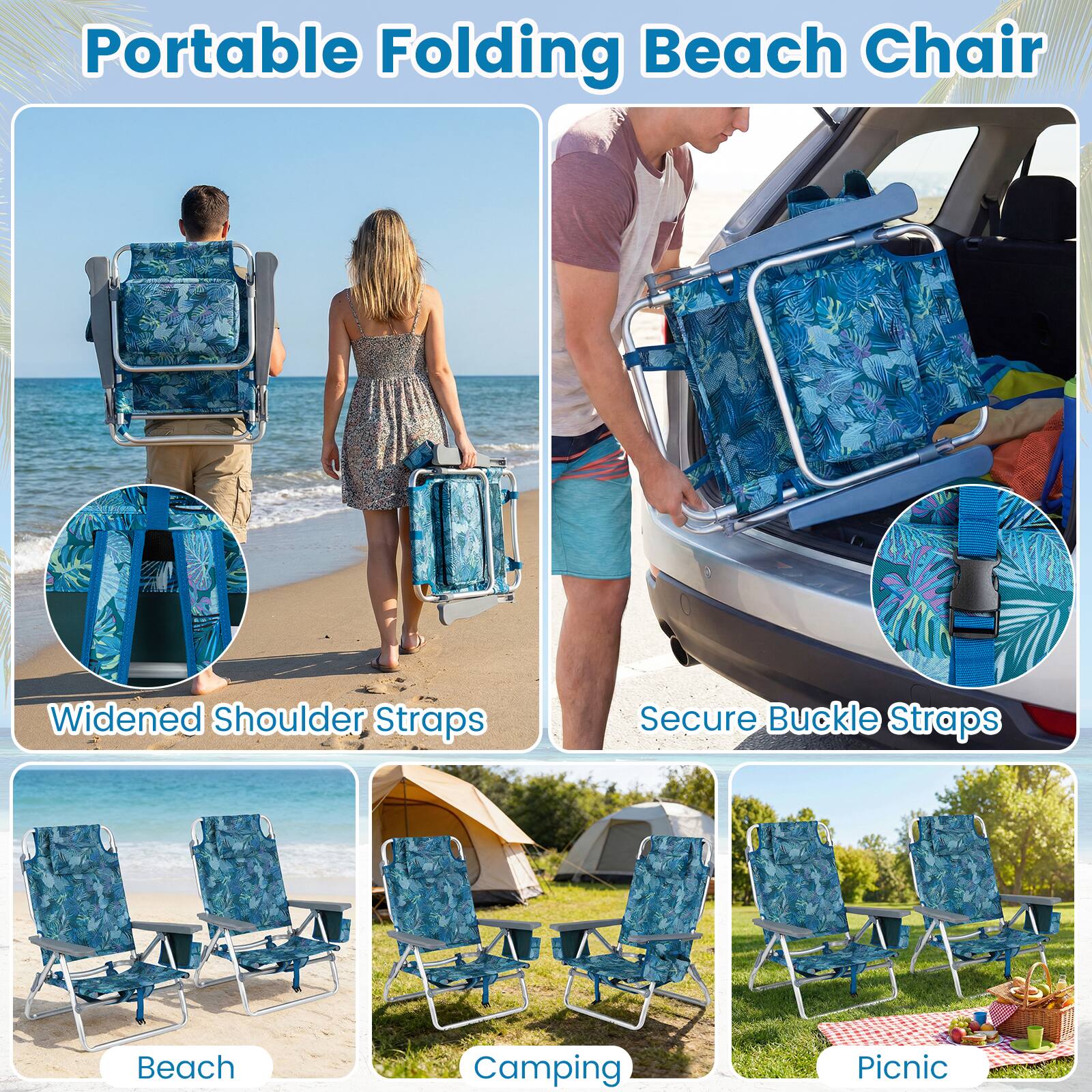 Portable Folding Beach Chair  
Widened Shoulder Straps  
Secure Buckle Straps  
Beach  
Camping  
Picnic