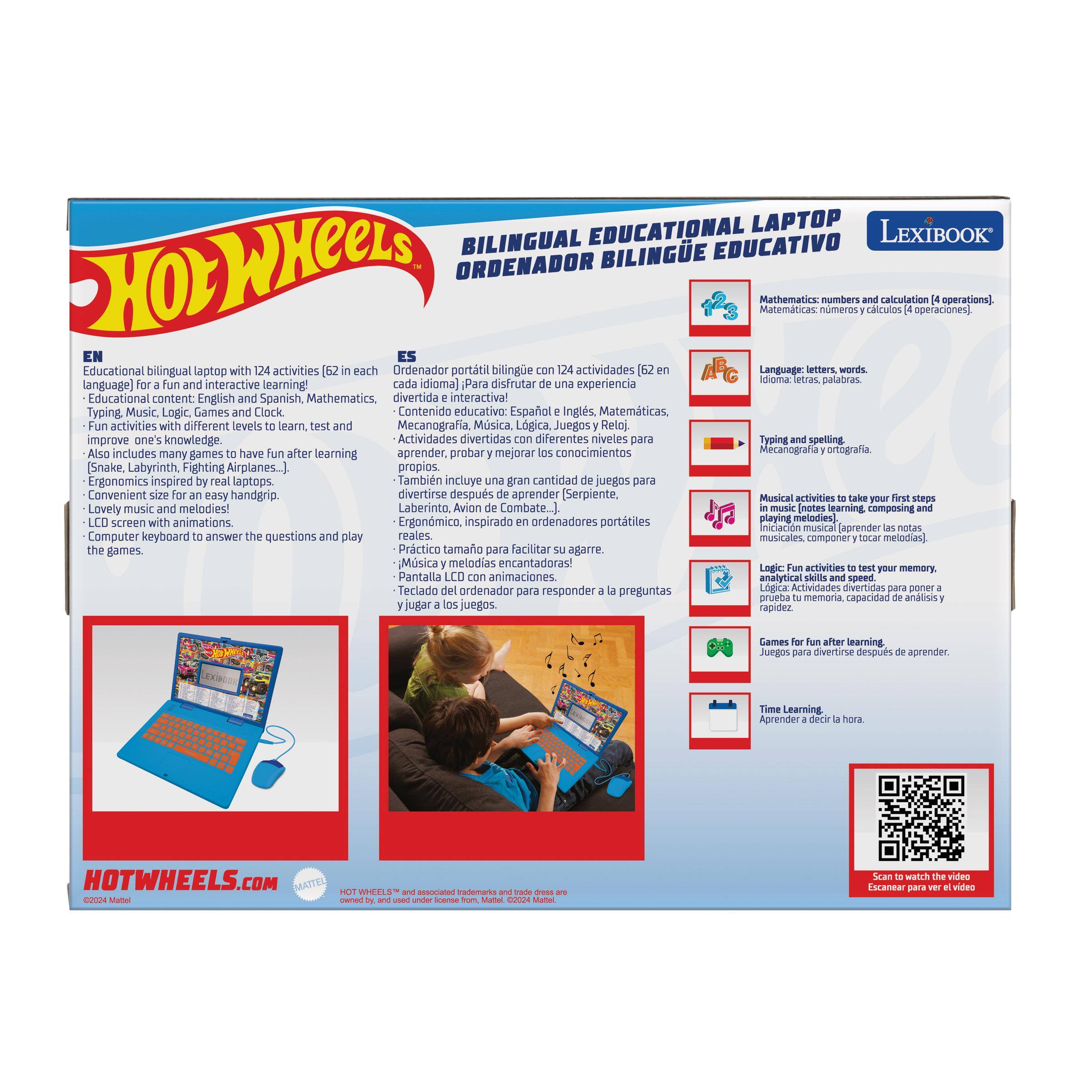 **BILINGUAL EDUCATIONAL LAPTOP**  
**ORDENADOR BILINGÜE EDUCATIVO**

**LEXIBOOK**

---

**EN**  
Educational bilingual laptop with 124 activities (62 in each language) for a fun and interactive learning!  
Educational content: English and Spanish, Mathematics, Typing, Music, Logic, Games and Clock.  
Activities with different levels to learn, test and improve one's knowledge.  
Also includes many games to have fun after learning (Snake, Labyrinth, Fighting Airplanes, ...).  
Ergonomics inspired by real laptops.  
Lovely music and melodies.  
LCD screen with animations.  
Computer keyboard to answer the questions and play the games.

**ES**  
Ordenador portátil bilingüe con 124 actividades (62 en cada idioma): Para disfrutar de una experiencia divertida e interactiva!  
Contenido educativo: Español, Inglés, Matemáticas.  
Actividades con diferentes niveles para aprender, probar y mejorar conocimientos.  
También incluye una gran cantidad de juegos para divertirse después de aprender (Serpiente, Laberinto, Avión de Combate, ...