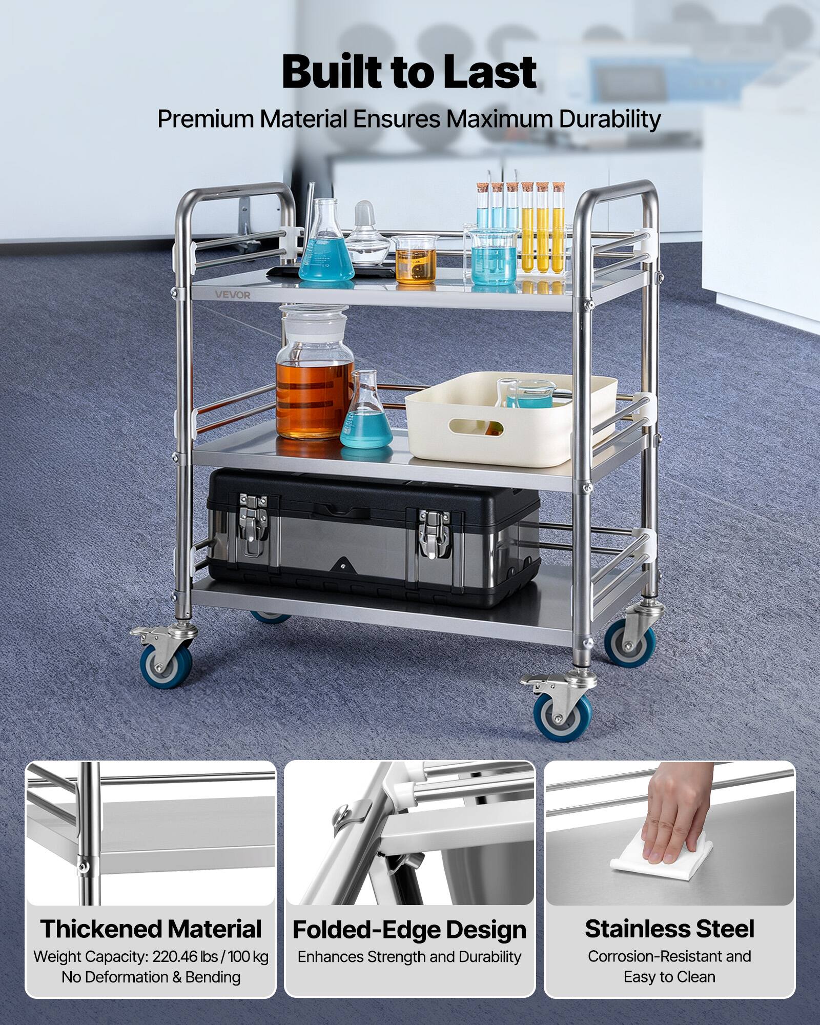 Built to Last  
Premium Material Ensures Maximum Durability  

Thickened Material  
Weight Capacity: 220.46 lbs / 100 kg  
No Deformation & Bending  

Folded-Edge Design  
Enhances Strength and Durability  

Stainless Steel  
Corrosion-Resistant and Easy to Clean