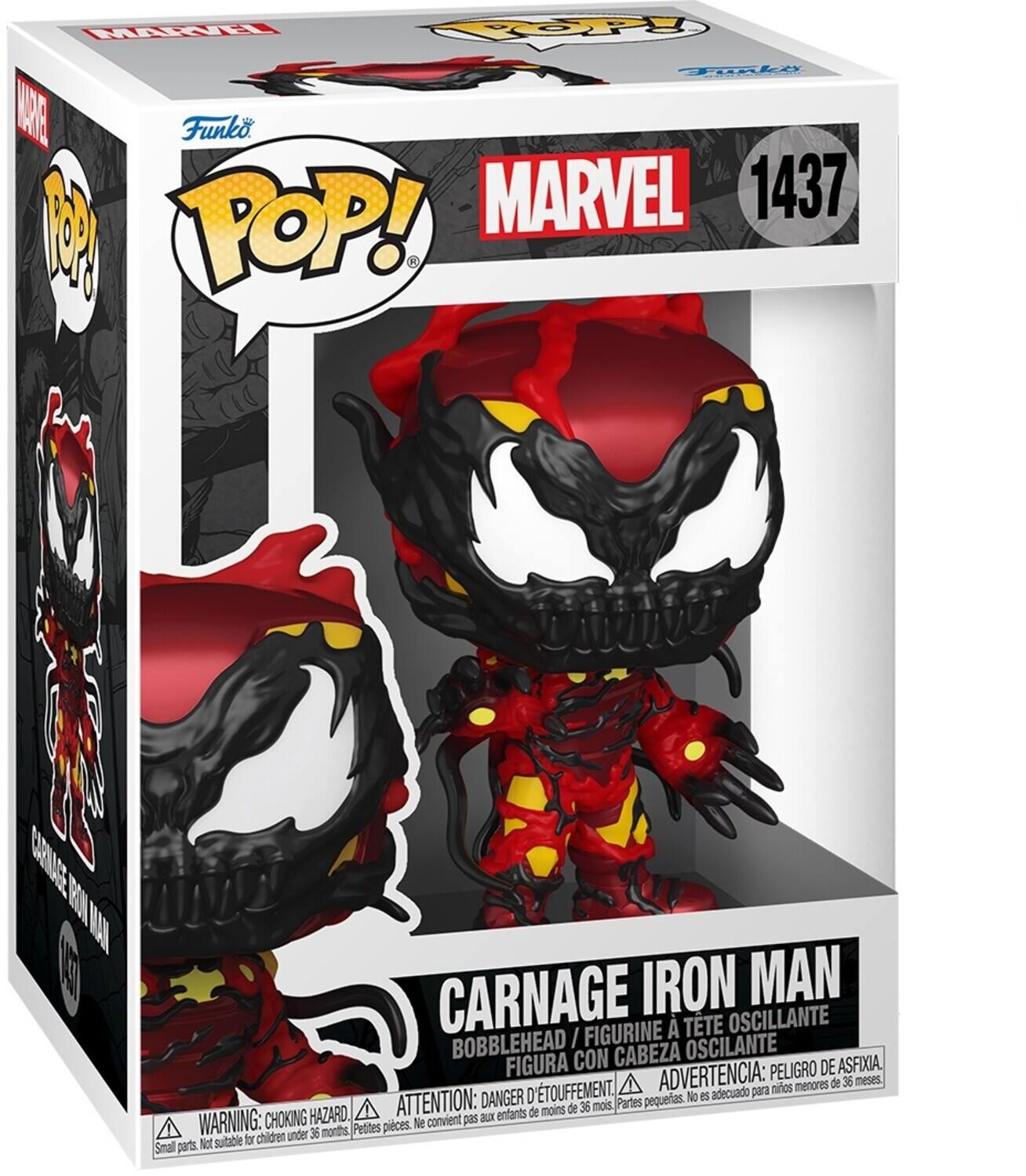 MARVEL 1437 M POP! Funko
CARNAGE IRON MAN FIGURINE
TTE OSCILANTE BOBBLEHEAD / OSCILANTE FIGURA CON CABEZA DE ASFIXIA, ADVERTENCIA: PELIGRO meses nilos menores de 36 ATTENTION: DANGER D'TOUFFEMENT Partes pequetas. No adecuado para de moins de 36 mois WARNING: CHOKING HAZARD. convient pas aux entants Petites pieces. Ne for children under 36 months Smal parts Not sutable