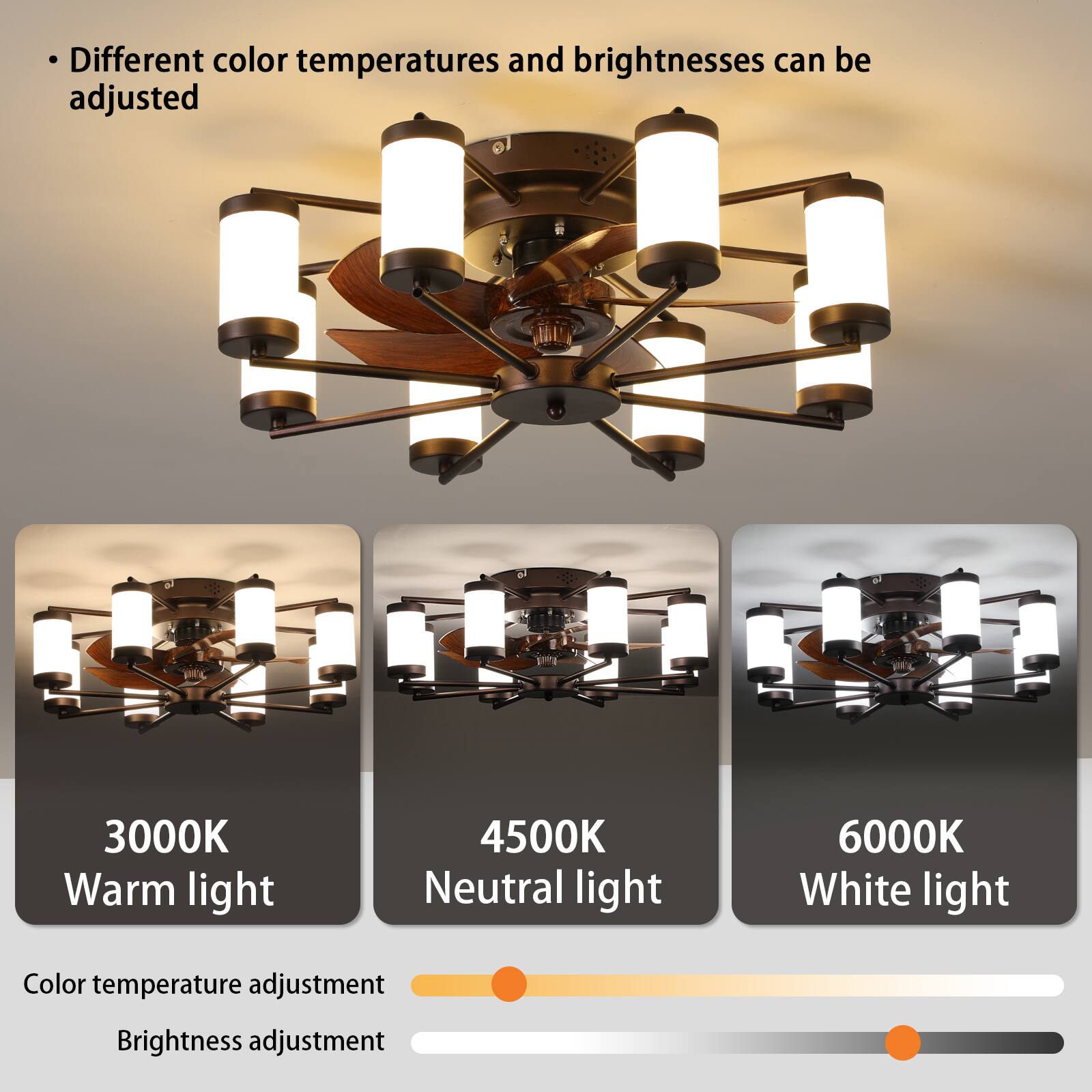 Different color temperatures and brightnesses can be adjusted

- 3000K Warm light
- 4500K Neutral light
- 6000K White light

Color temperature adjustment
Brightness adjustment