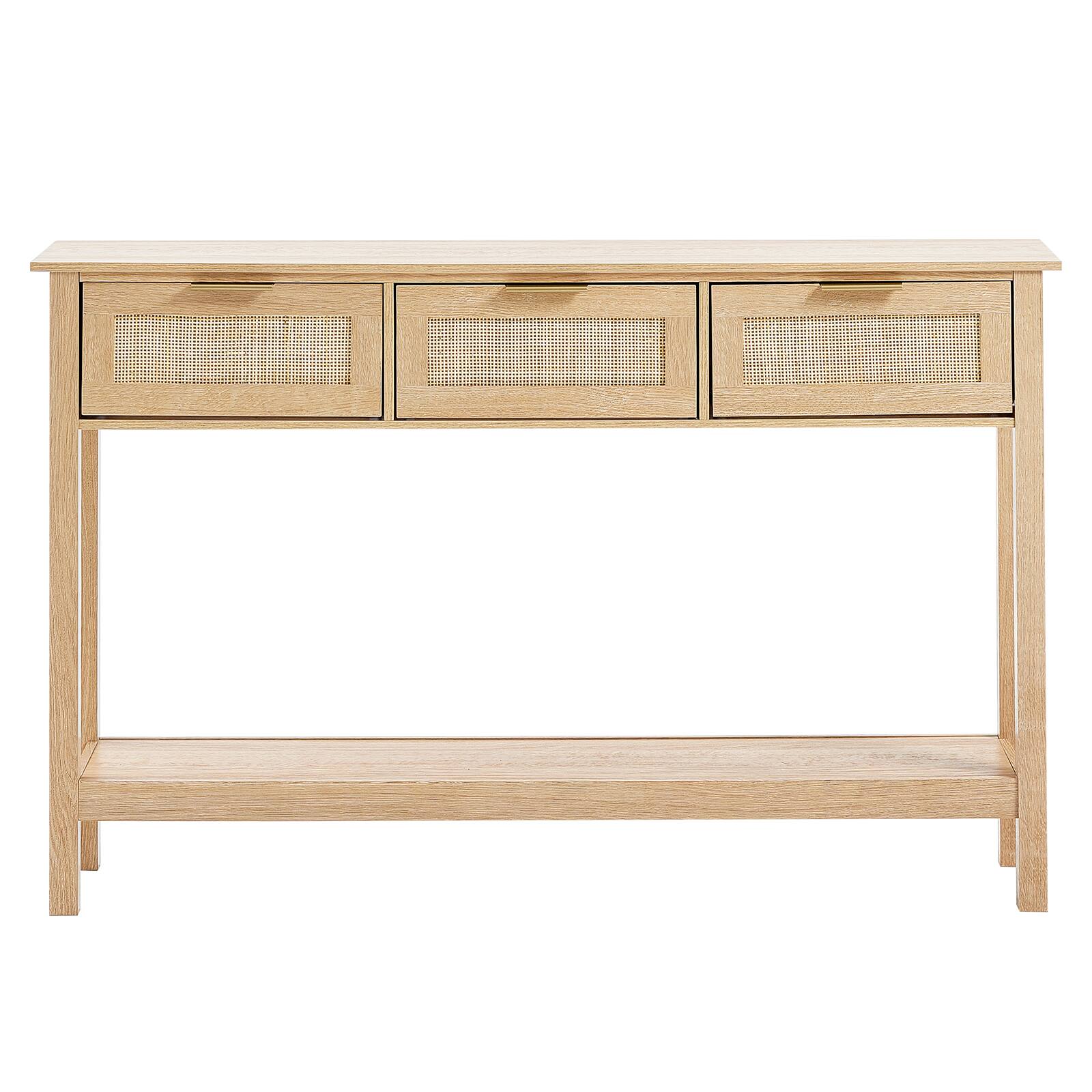 Alt View 5. VEVOR - Rattan Console Table with 3 Storage Drawers, Rattan Entryway Table with Natural Rattan Sliding Door, Console Sofa Table - Oak.