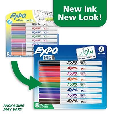New Ink  
New Look!  

EXPO ultra fine tip  
EXPO  
EXPO  
EXPO  
EXPO  
EXPO  
EXPO  
EXPO  

8 low odor dry erase markers  
Easily Erases  
Most Vibrant Ink  
Dry Erase Markers  

PACKAGING MAY VARY