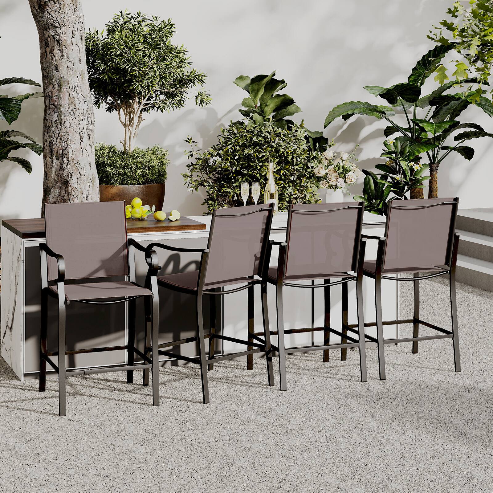 Alt View 1. Gymax - Gymax Outdoor Counter Height Bar Stools Set of 4 w/ Back Armrest & Footrest - Brown, Black.