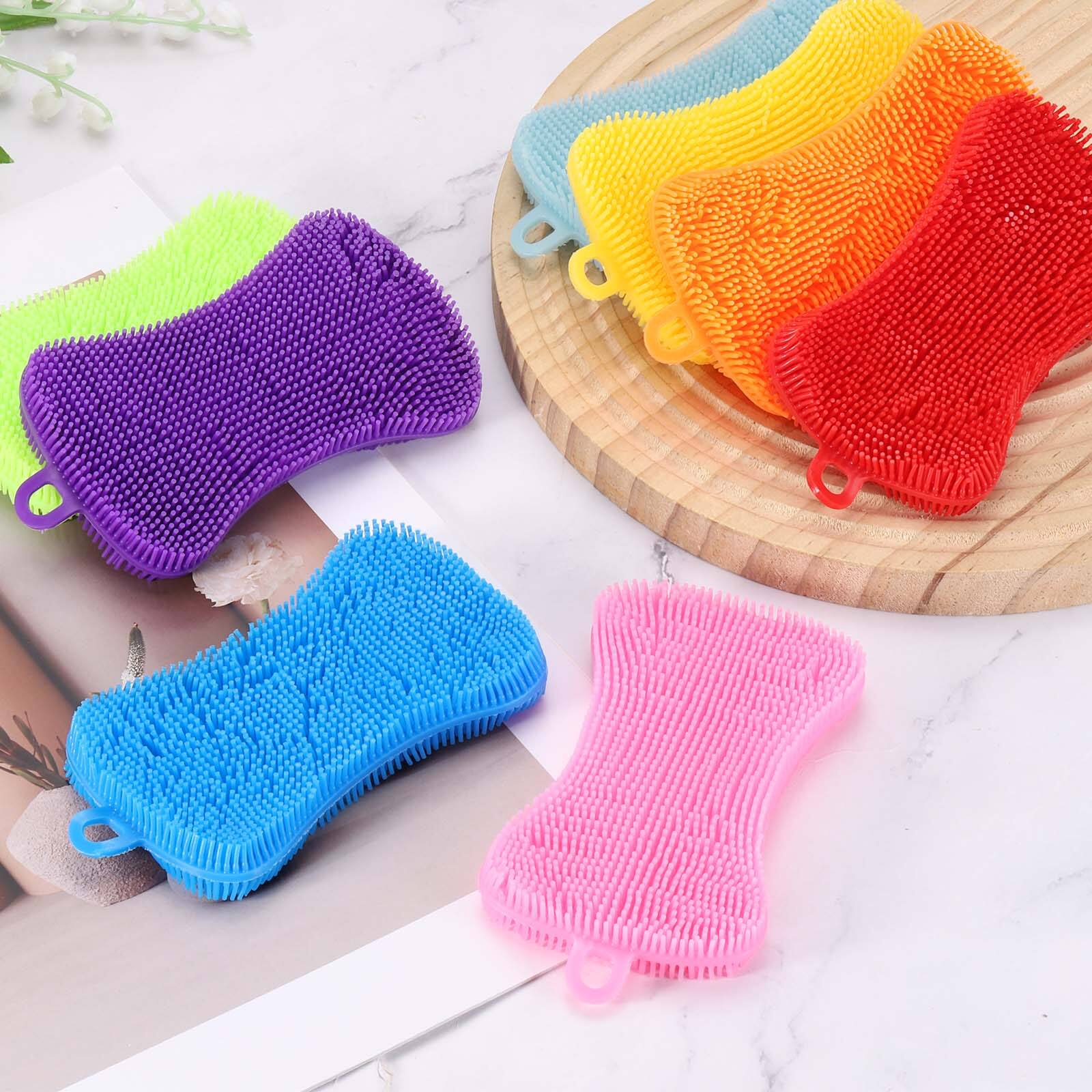 Alt View 3. Unique Bargains - 3pcs Silicone Dish Scrubber Reusable Double-Sided Sponge for Kitchen Pots Pans Bathroom - Purple.