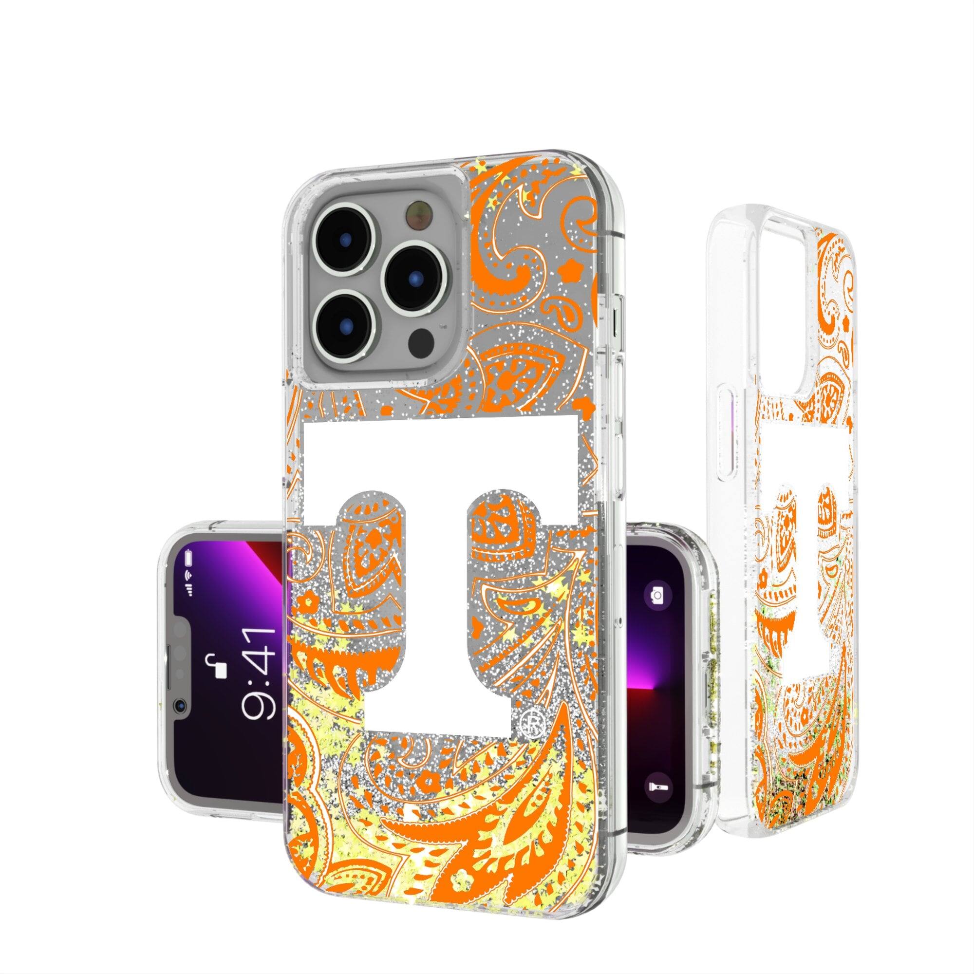 Front. Keyscaper - Tennessee Volunteers iPhone Glitter Paisley Design Case - 14 Pro - Multicolor.