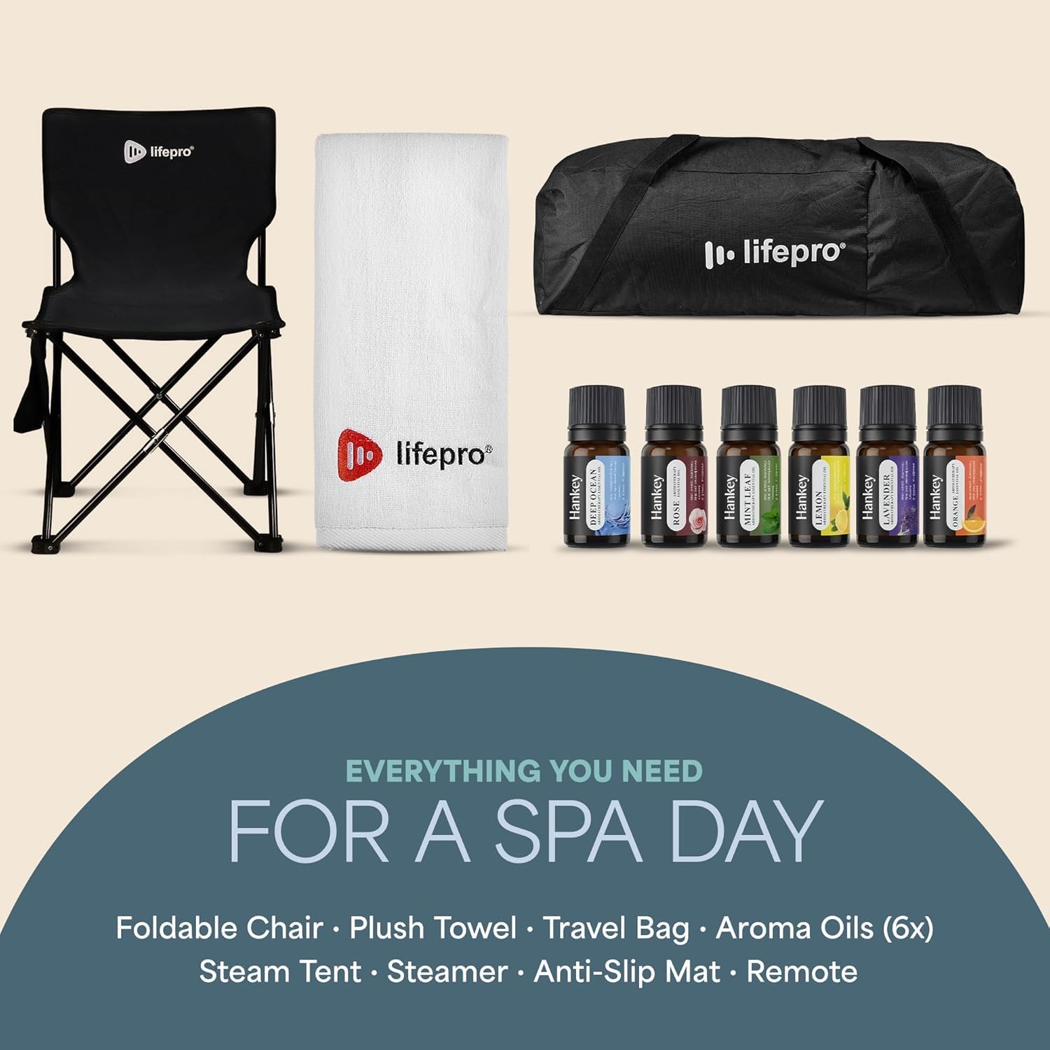 life pro lifepro n 11 lifepro Hankey DEEPOCEAN Hankey ROSE Hankey IYAR MIST Hankey LEMON Hankey LAVENDER Hankey EVERYTHING YOU NEED FOR A SPA DAY Foldable Chair Plush Towel Travel Bag Aroma Oils (6x) Steam Tent Steamer Anti-Slip Mat Remote