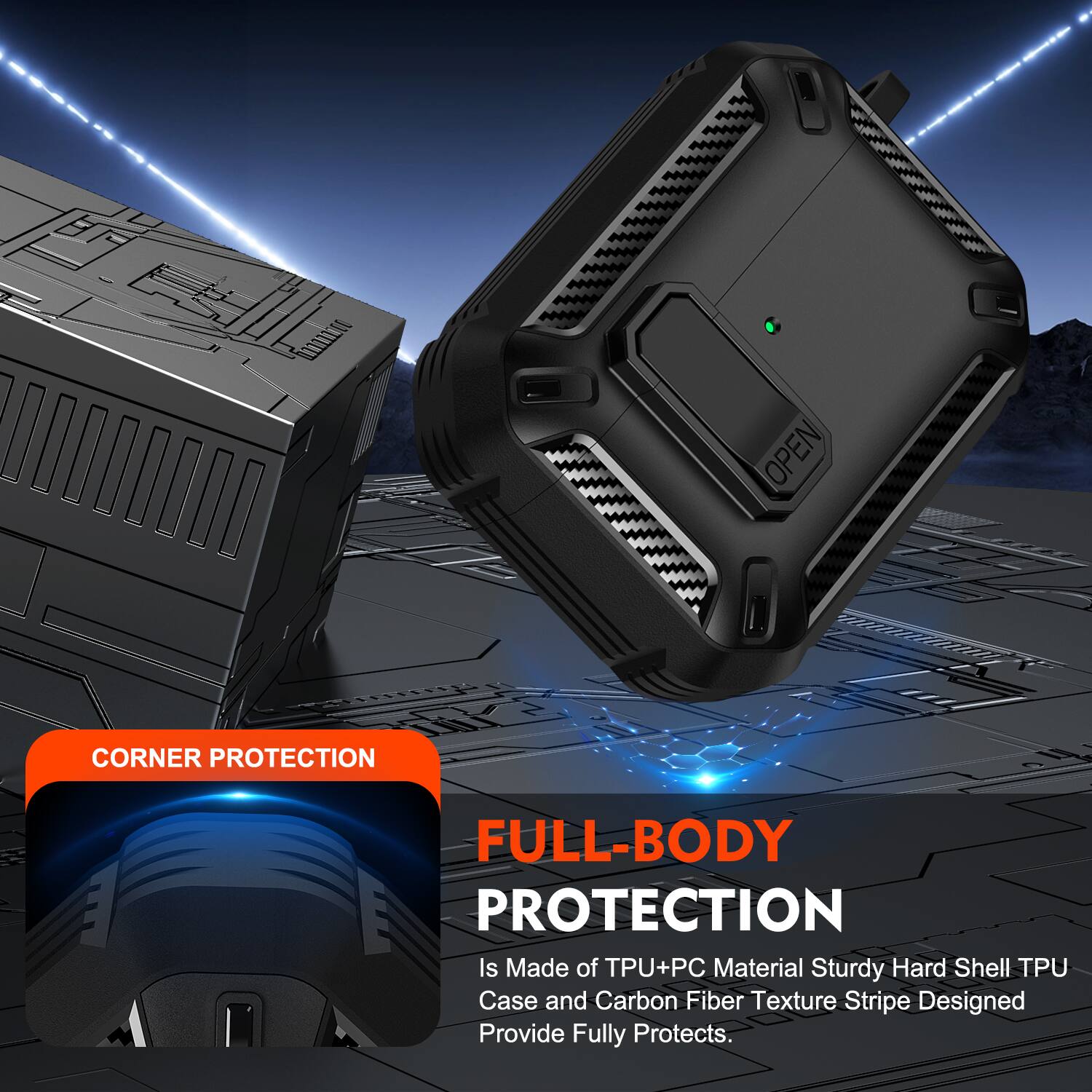 OPEN CORNER PROTECTION FULL-BODY PROTECTION  
Is Made of TPU+PC Material Sturdy Hard Shell TPU Case and Carbon Fiber Texture Stripe Designed Provide Fully Protects.