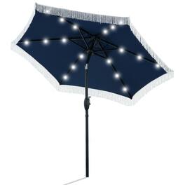 Ainfox - 7.5 FT Patio Umbrella with Fringe , Outdoor Tassel Beach Umbrella, with Crank & 18 LED Lights - Navy Blue