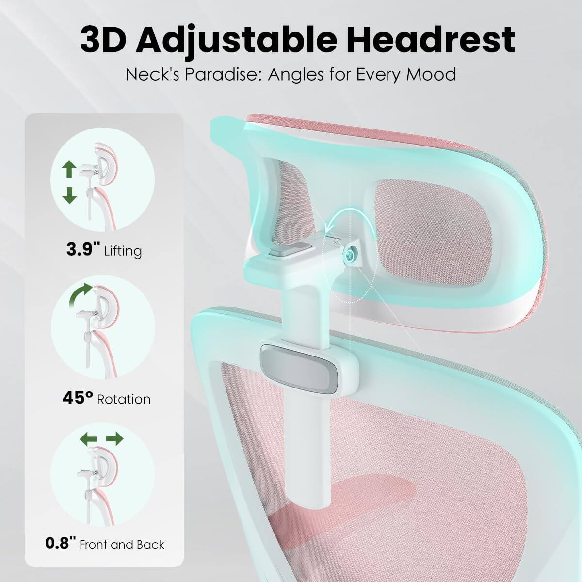 3D Adjustable Headrest  
Neck's Paradise: Angles for Every Mood  

3.9" Lifting  
45° Rotation  
0.8" Front and Back