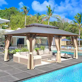 U-HOMY - Outdoor Hardtop Gazebo with Aluminum Frame, Double Roof Canopy, Curtains & Mosquito Netting - 12'x18'