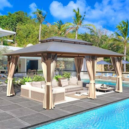 Front. U-HOMY - U-HOMY Outdoor Hardtop Gazebo with Aluminum Frame, Double Roof Canopy, Curtains & Mosquito Netting - 12'x18'.
